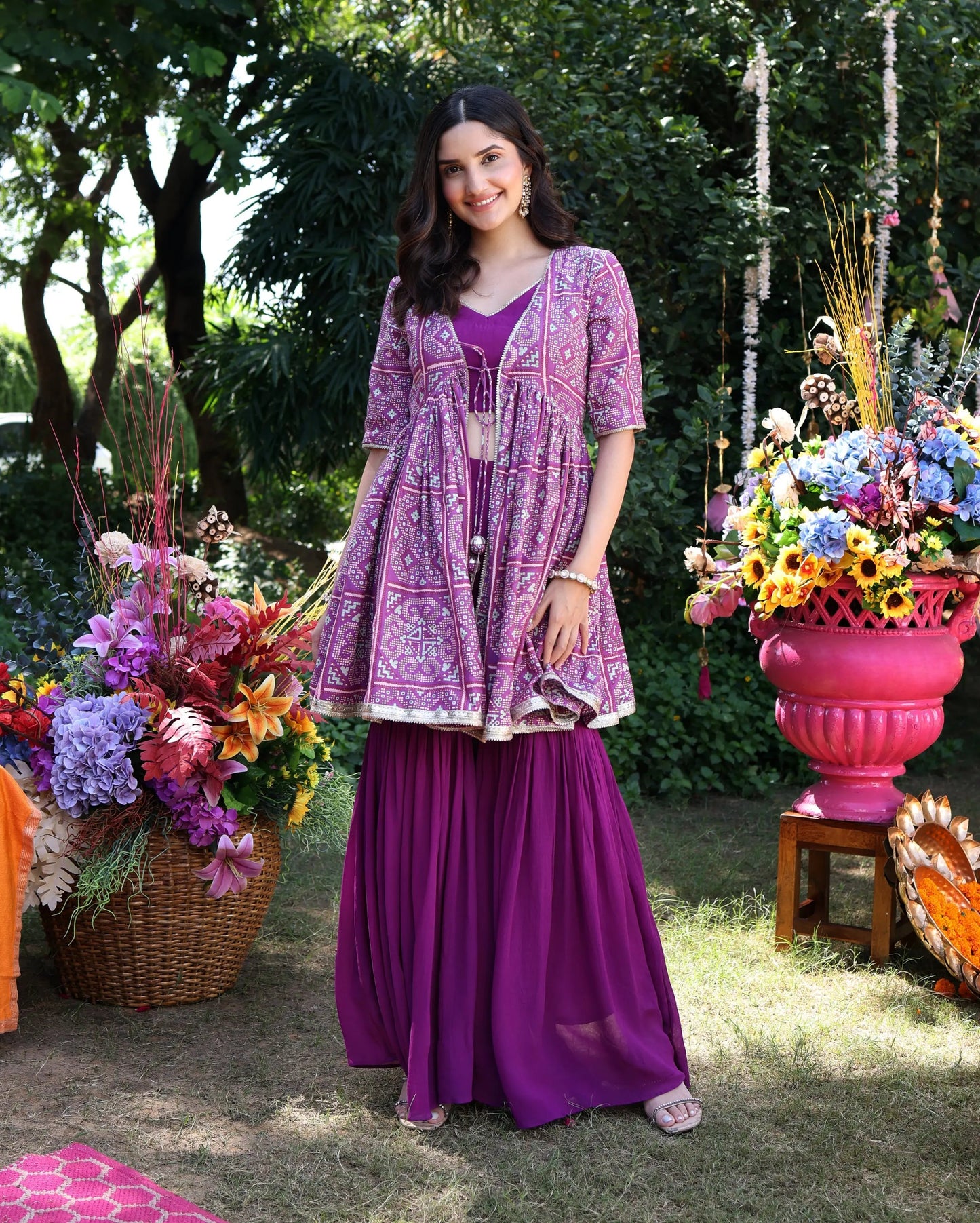 Geometric Purple Elegance Printed Satin Sharara Set My Store