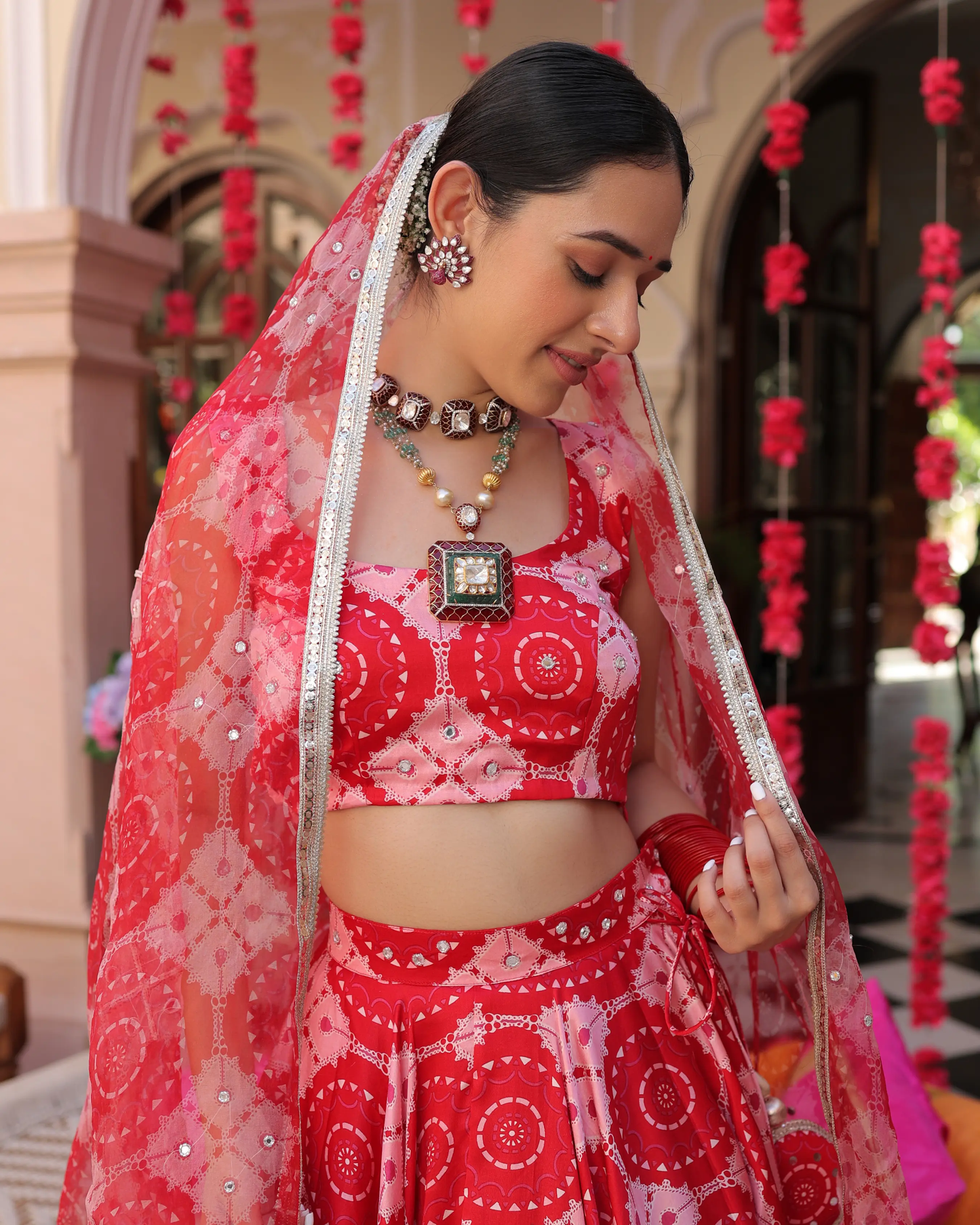 Ruby And Cream Rhapsody Printed Satin Lehenga Set My Store