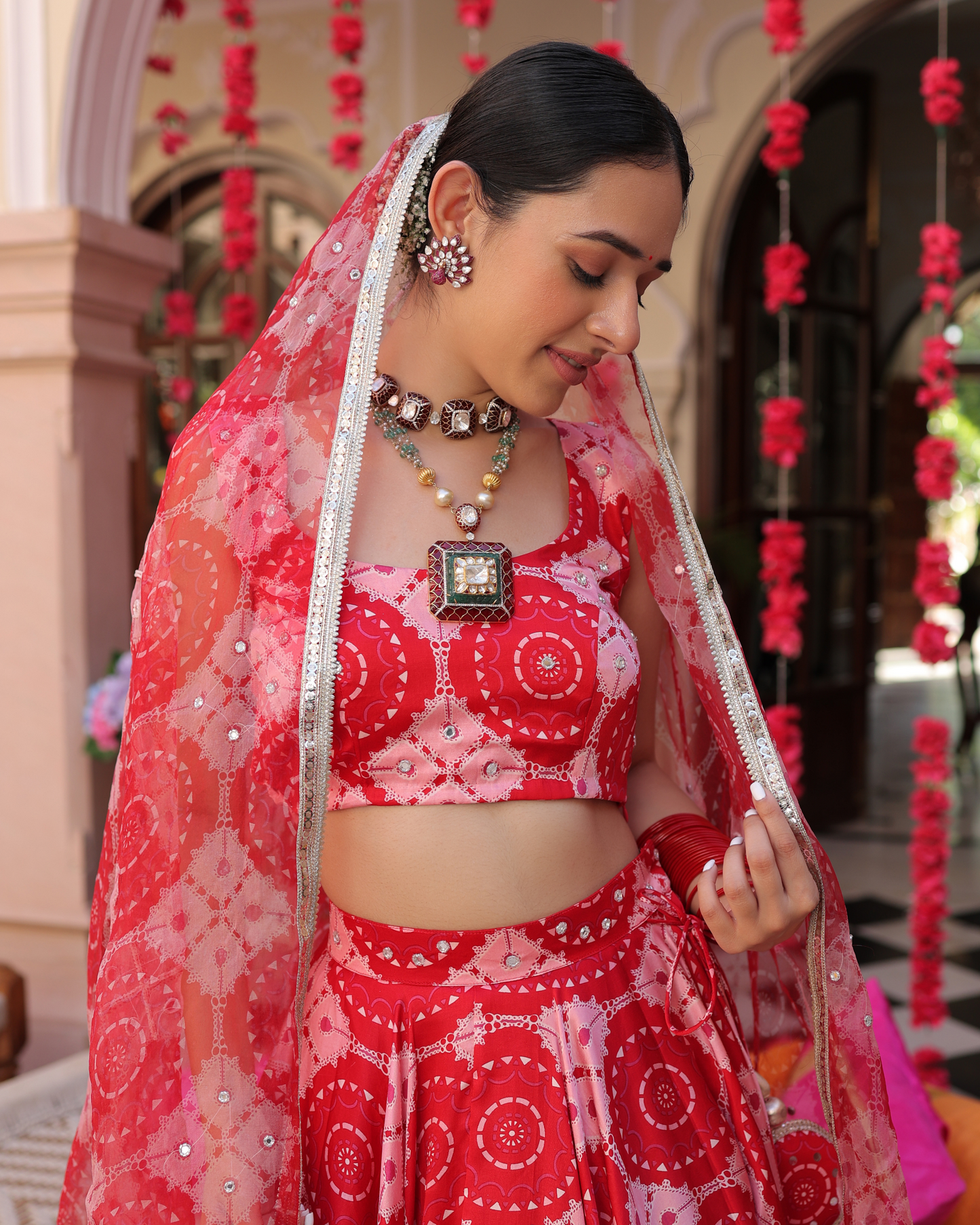 Ruby And Cream Rhapsody Printed Satin Lehenga Set Quick Cart