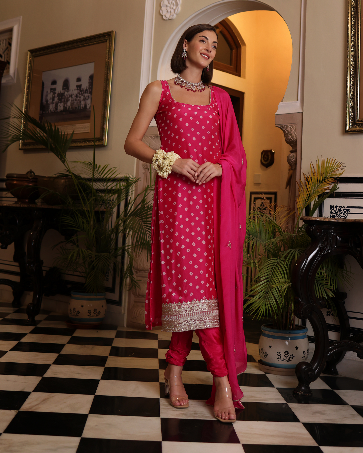 Nira Pink Bandhani Silk Kurta Set Quick Cart