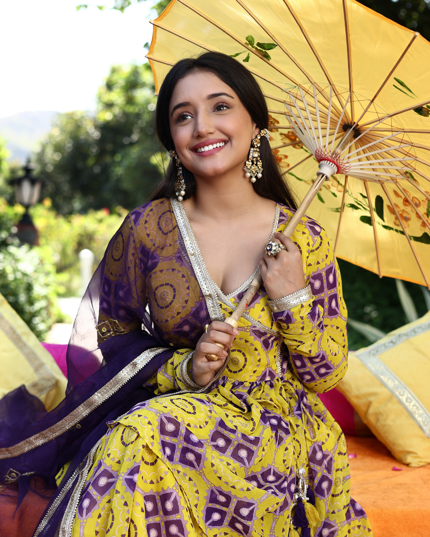 Whirling Shapes Yellow Purple Printed Georgette Sharara Set Quick Cart