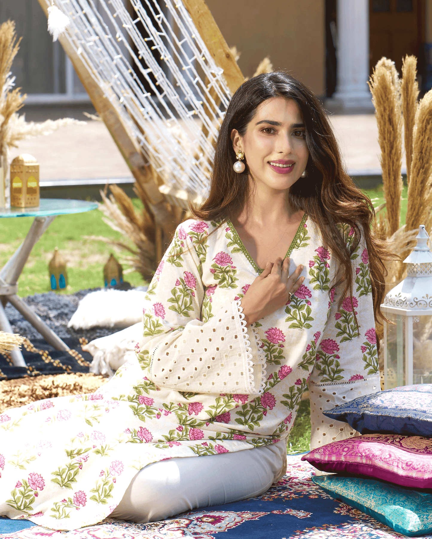 Ravishing Cream Printed Cotton Kurta Set My Store