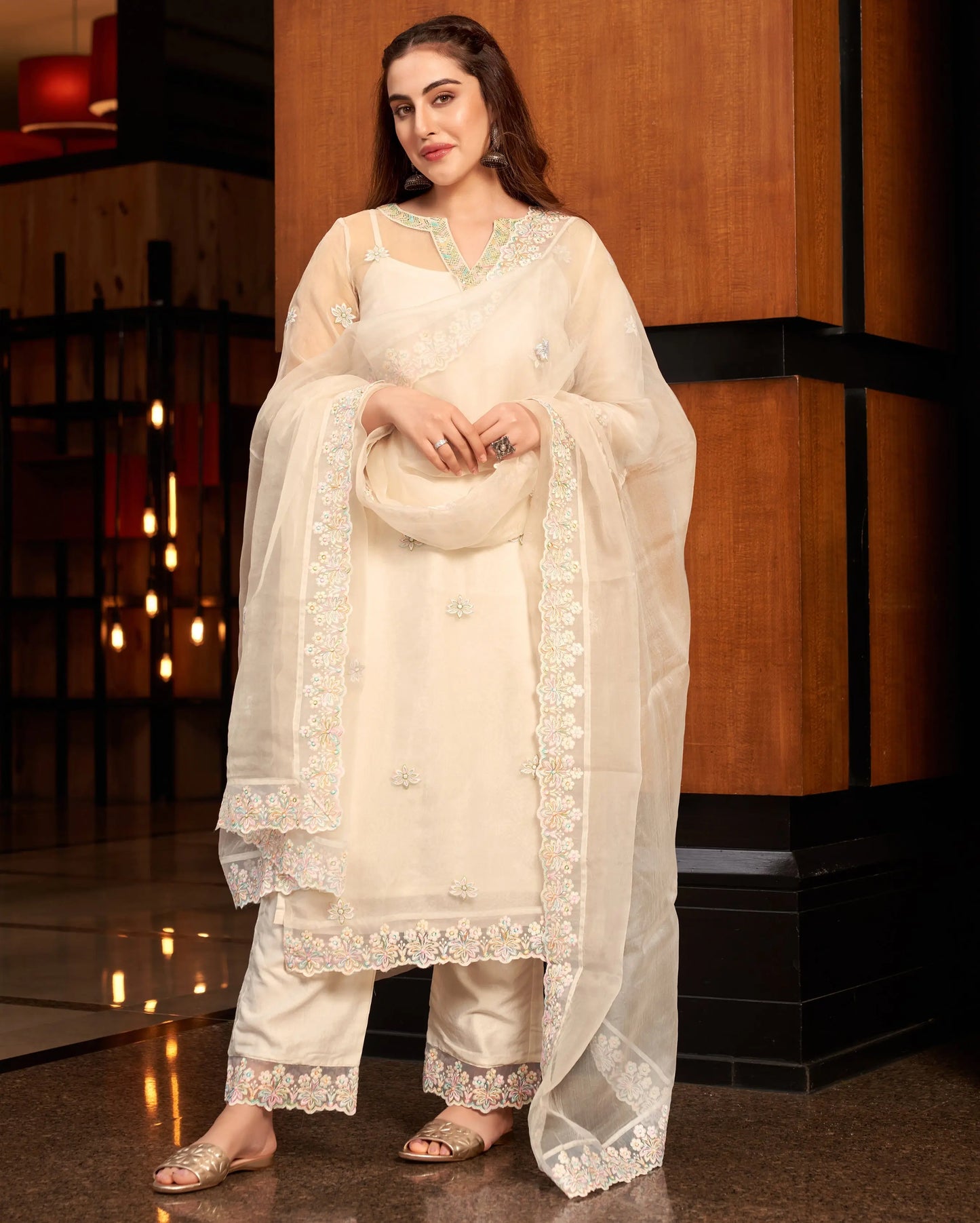 Pratha White Embroidered Organza Suit Set My Store