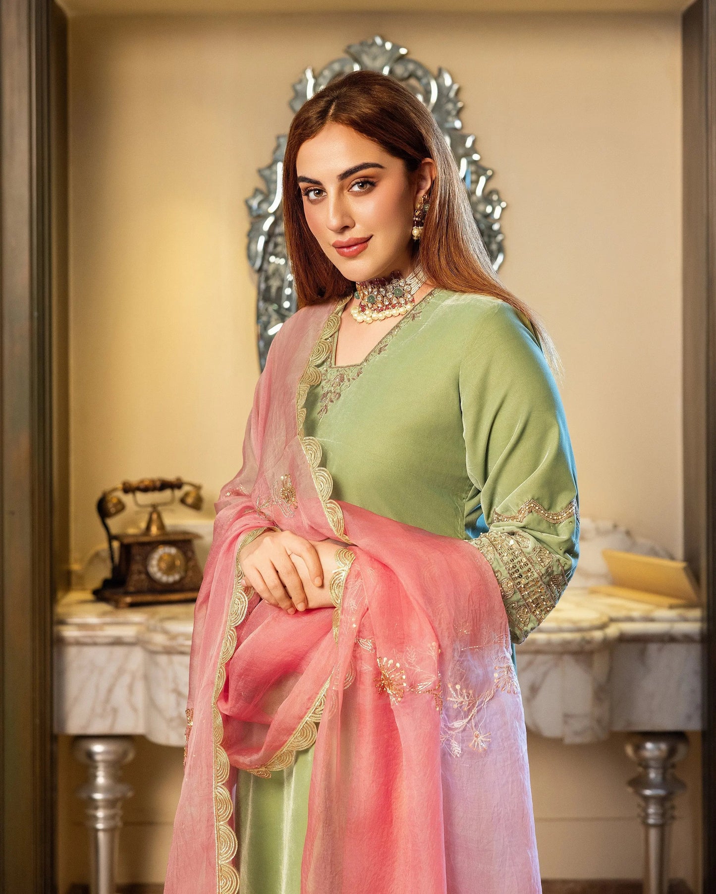 Taskin Sage Embroidered Velvet Suit Set My Store