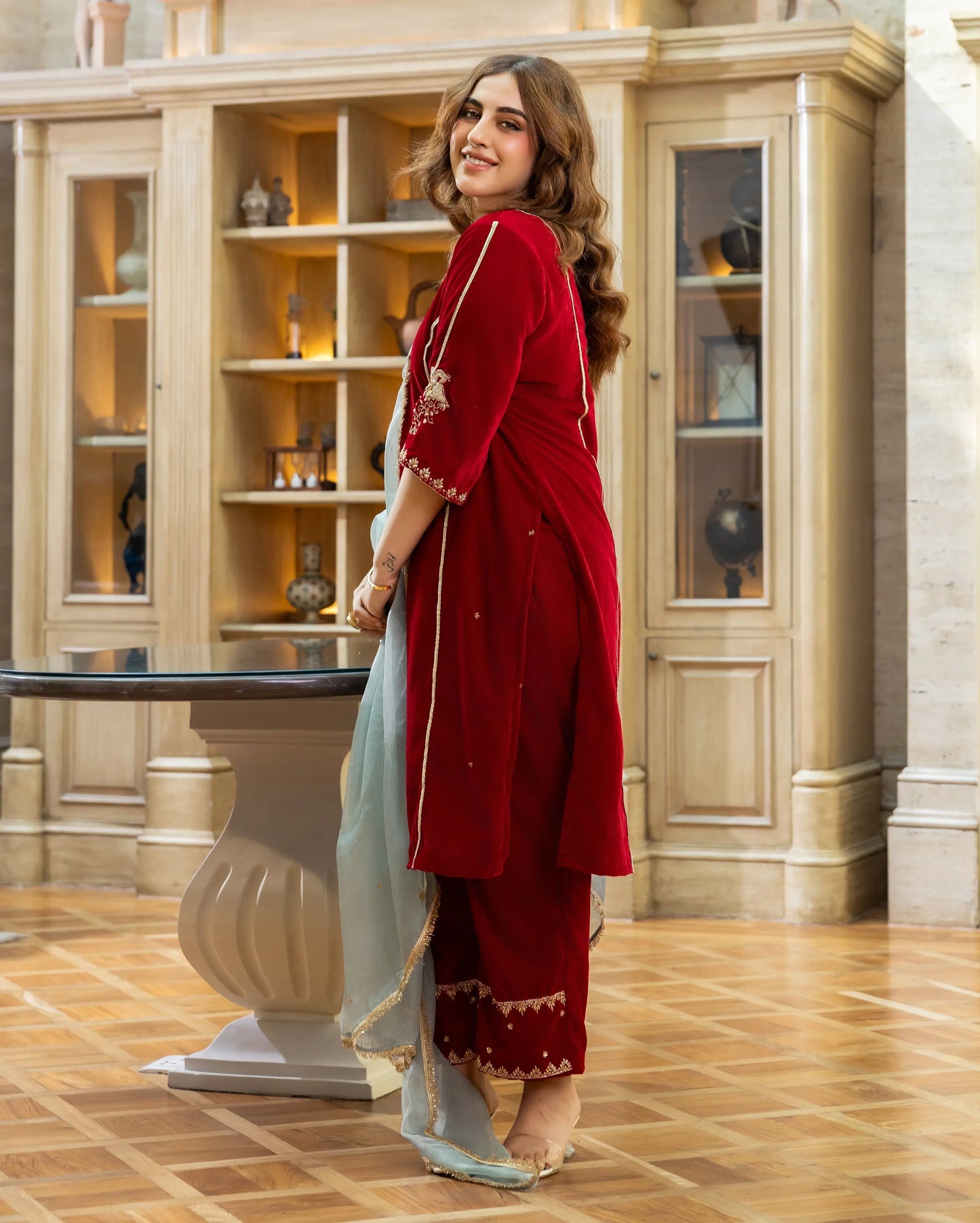 Jasper Red Embroidered Velvet Suit Set My Store