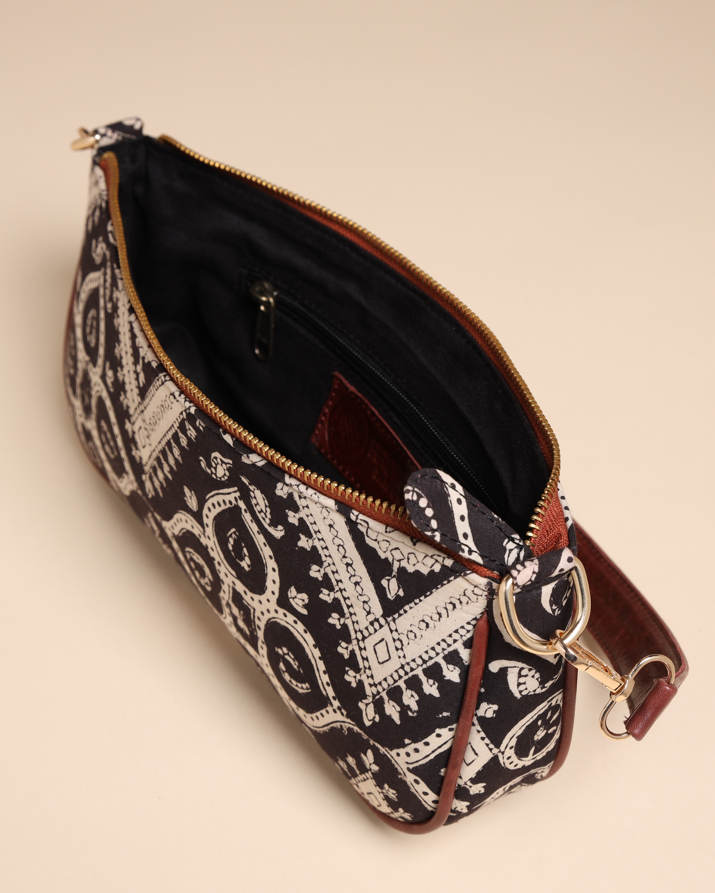 Sable Black Cotton Blockprinted Mini Baguette Bag Quick Cart
