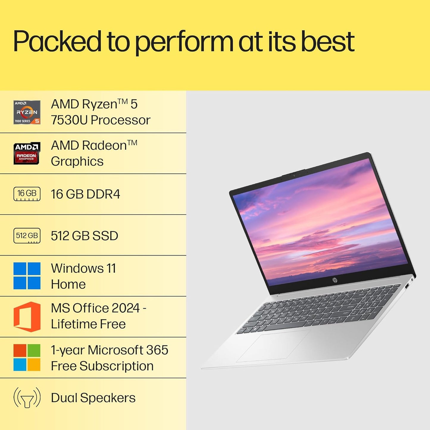 HP Laptop 15.6 Inch, 16GB RAM + 512GB SSD | AMD Ryzen™ 5-7430U processor | AMD Radeon™ Graphics | Windows 11 Home, Silver (15-fc0389AU)