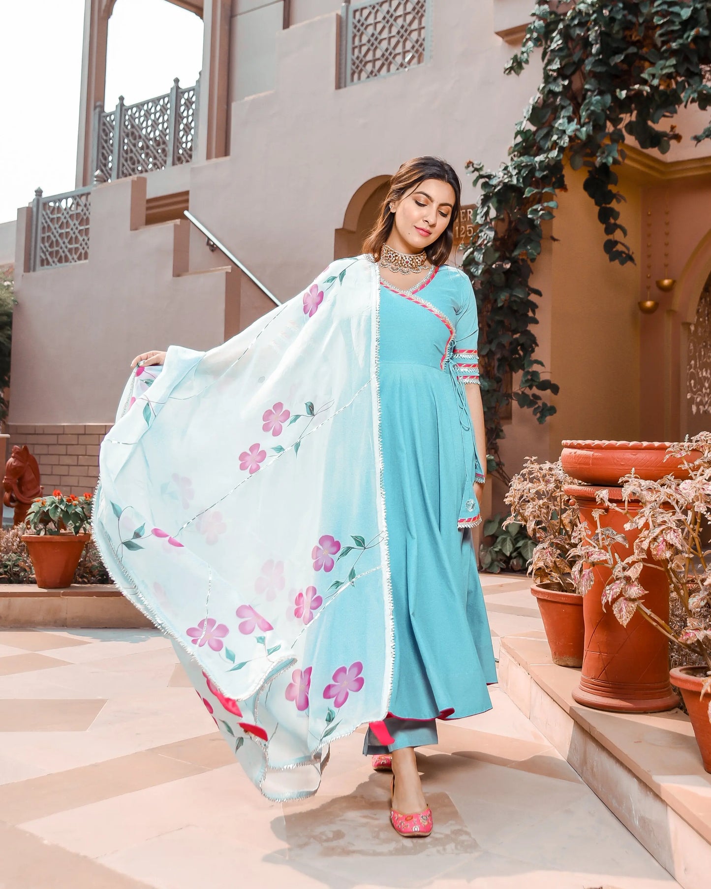 Water Blue Organza Handpainted Suit Set My Store