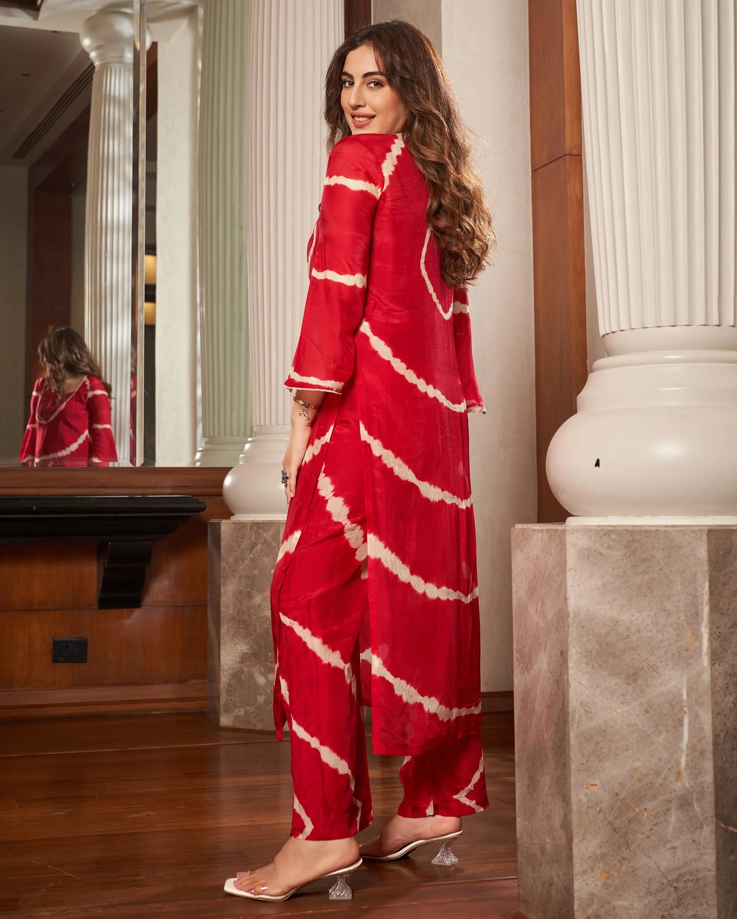 Anavila Red Leheriya Silk Kurta Set My Store