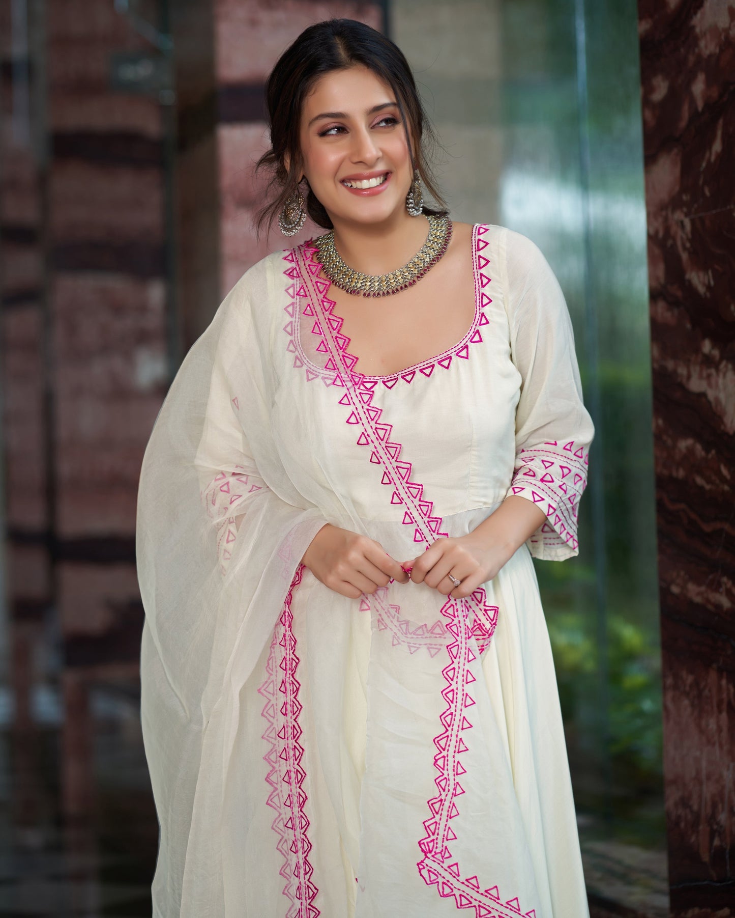 Rajsi Pink Cream Embroidered Muslin Silk Suit Set Quick Cart