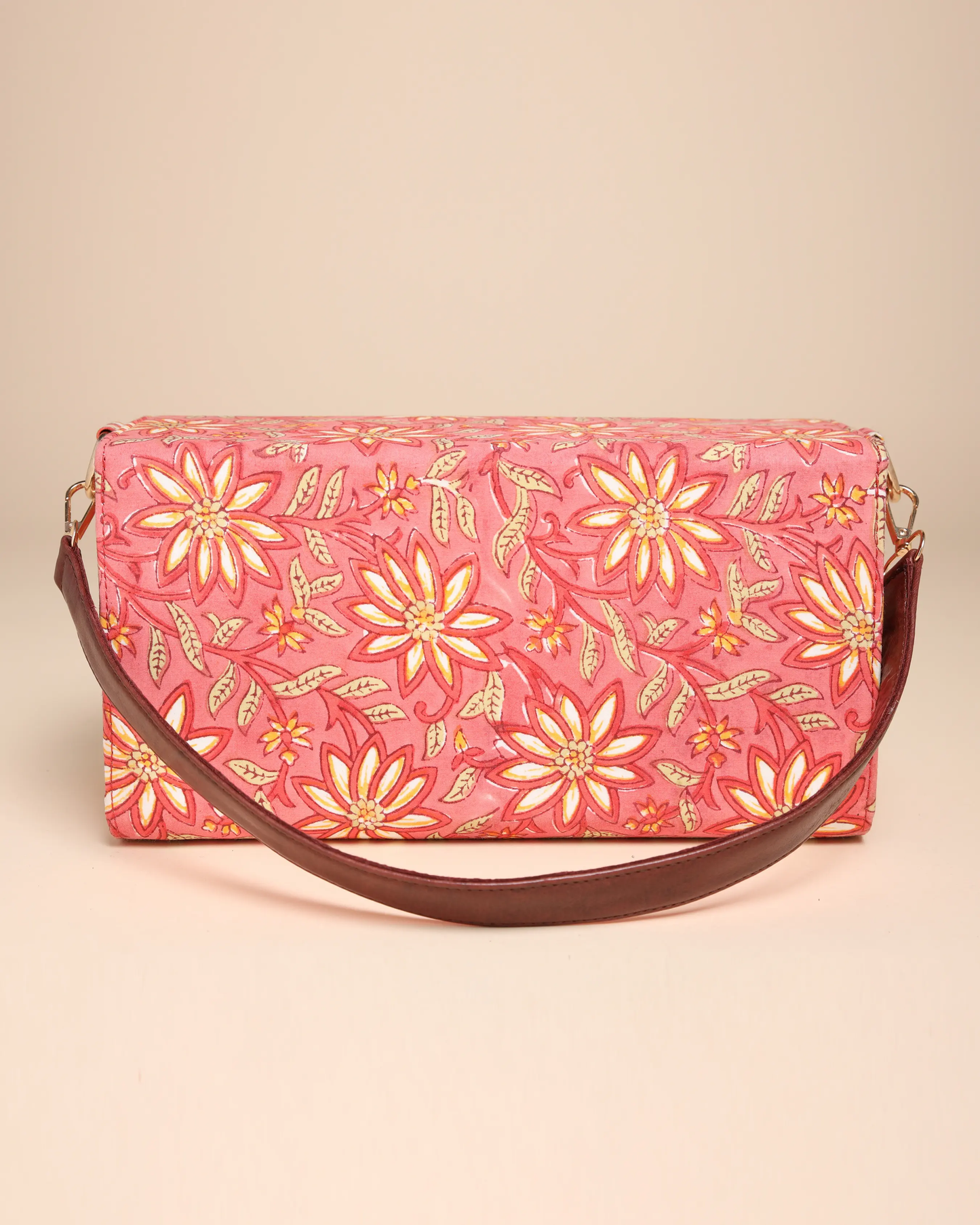 Peach Floral Handblock Printed Satchel Bag My Store