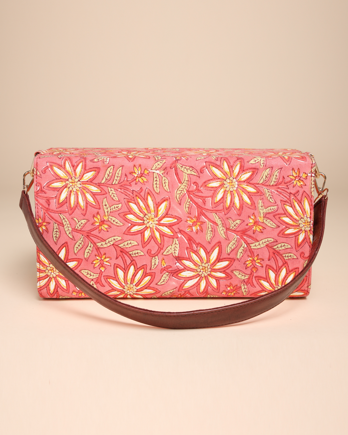 Peach Floral Handblock Printed Satchel Bag Quick Cart