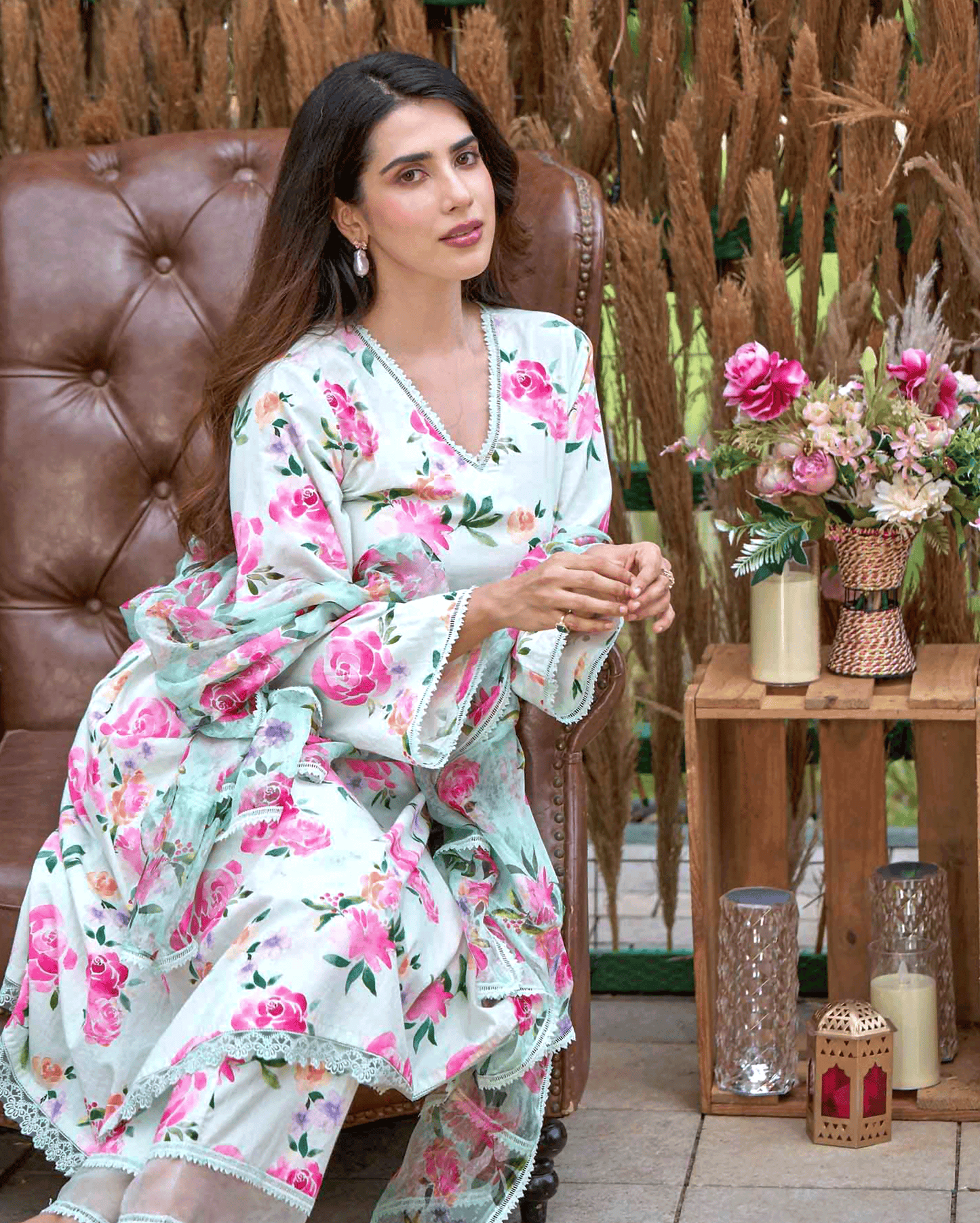 Zinnia Green Printed Cotton Suit Set