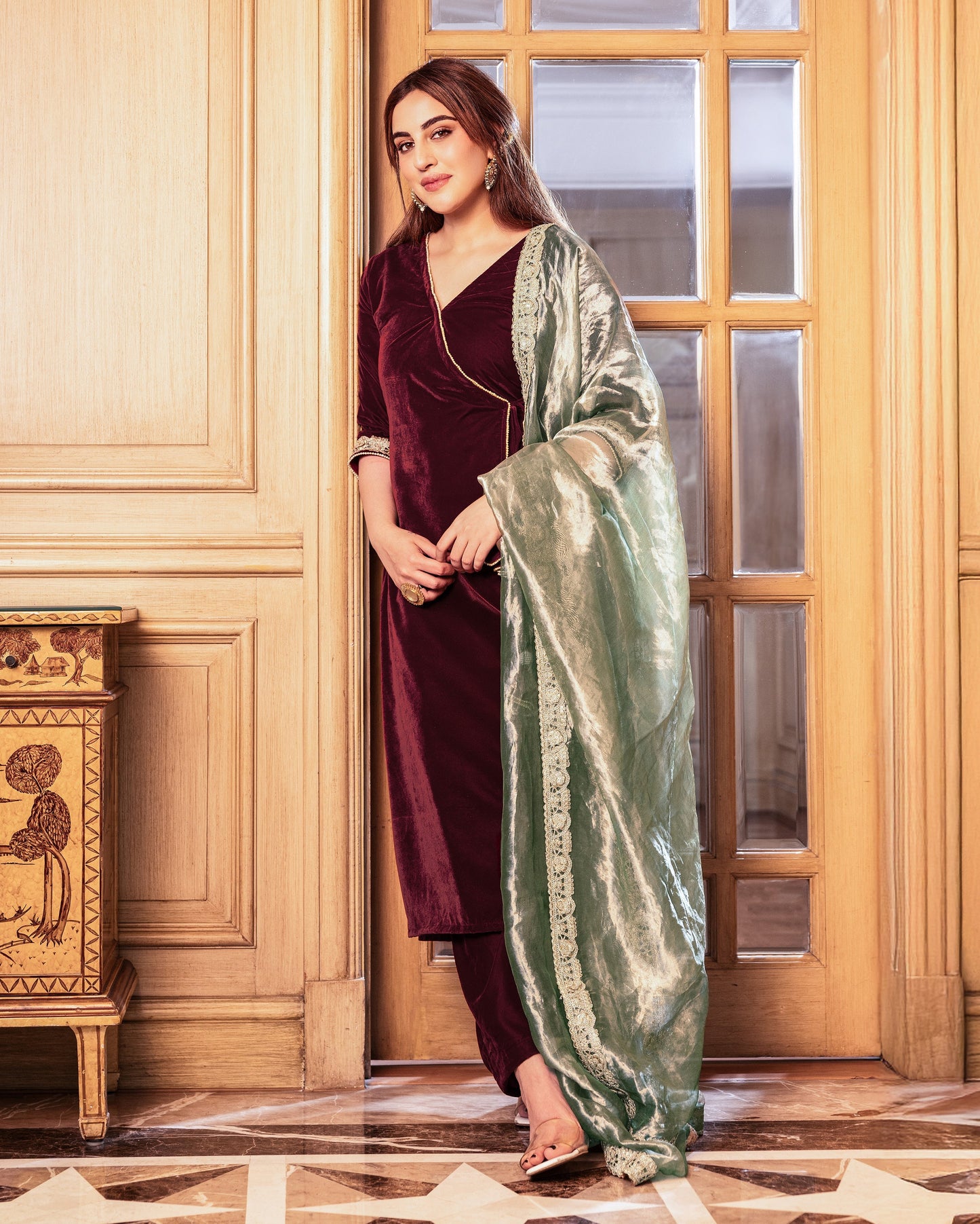 Behana Maroon Solid Velvet Suit Set My Store