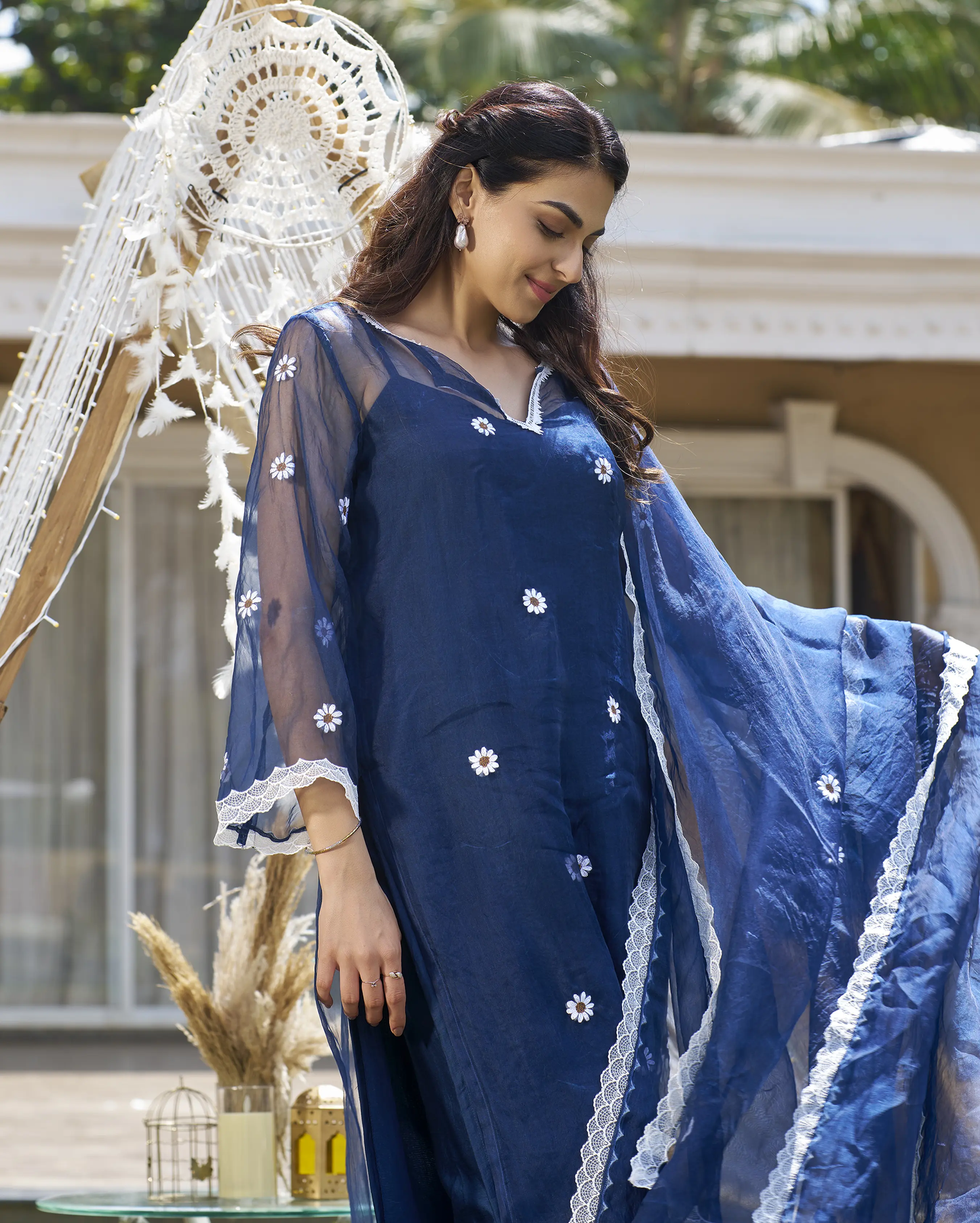 Raffia Blue Embroidered Organza Kurta Set My Store
