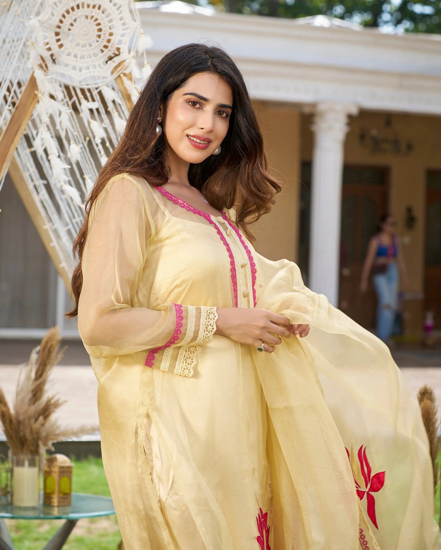 Yami Cream Applique Organza Kurta Set My Store