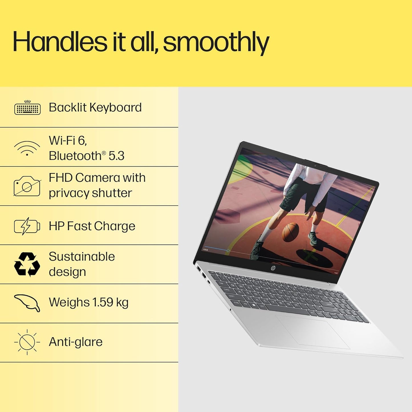HP Laptop 15.6 Inch, 16GB RAM + 512GB SSD | AMD Ryzen™ 5-7430U processor | AMD Radeon™ Graphics | Windows 11 Home, Silver (15-fc0389AU)