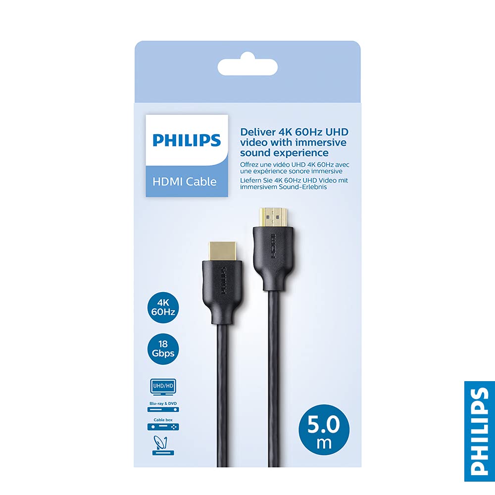 Philips SWV5551 High Speed HDMI 2.0 Cable with Ethernet - Supports 3D, 4K 60Hz, Audio Return - 5 Meters, Black