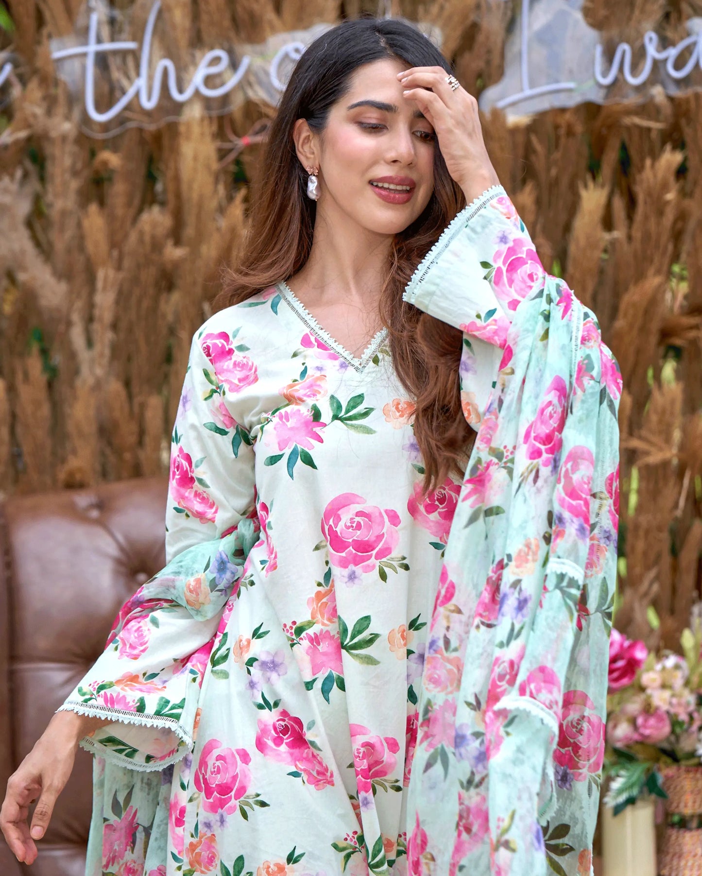 Zinnia Green Printed Cotton Suit Set My Store