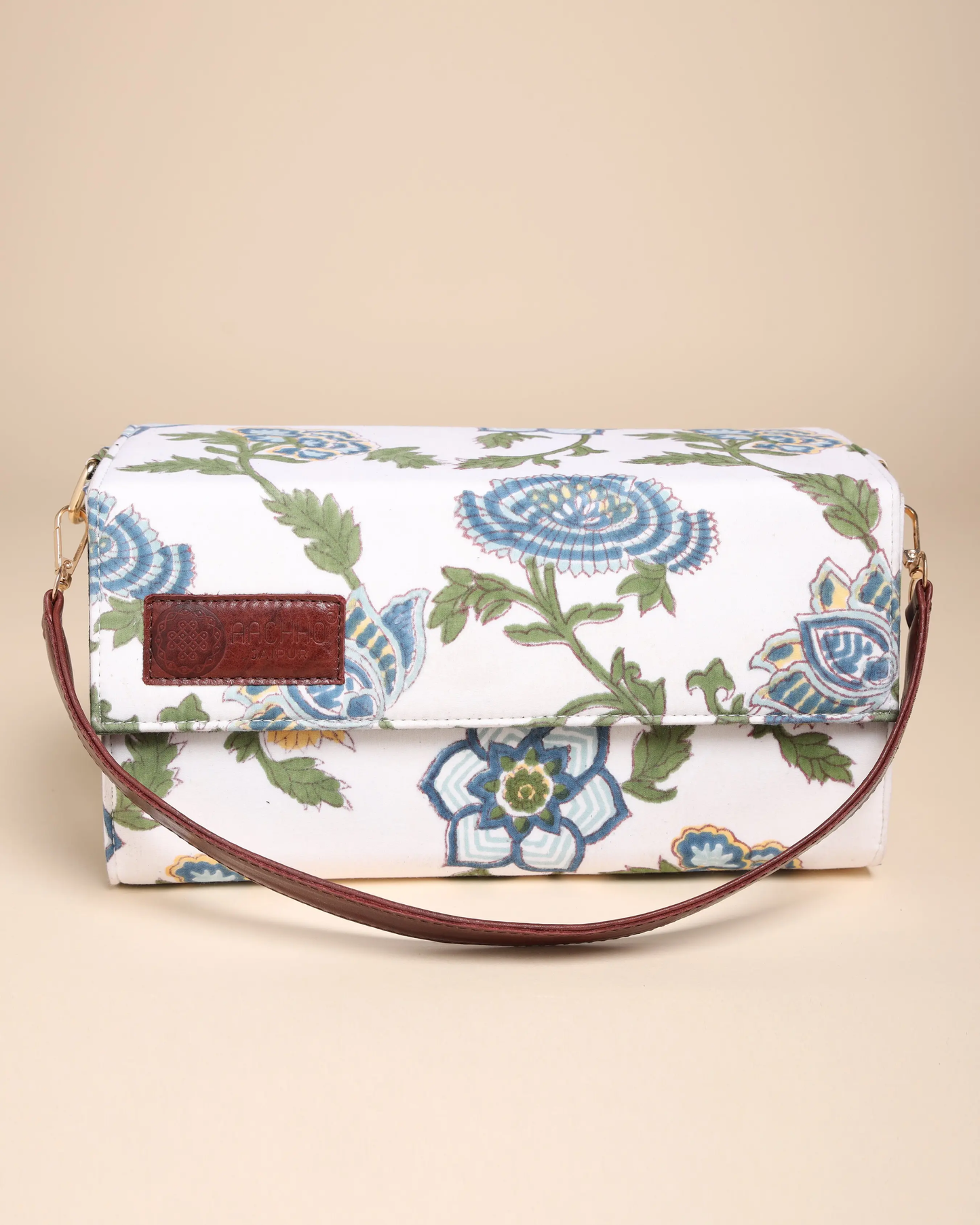 White Floral Handblock Printed Satchel Bag My Store