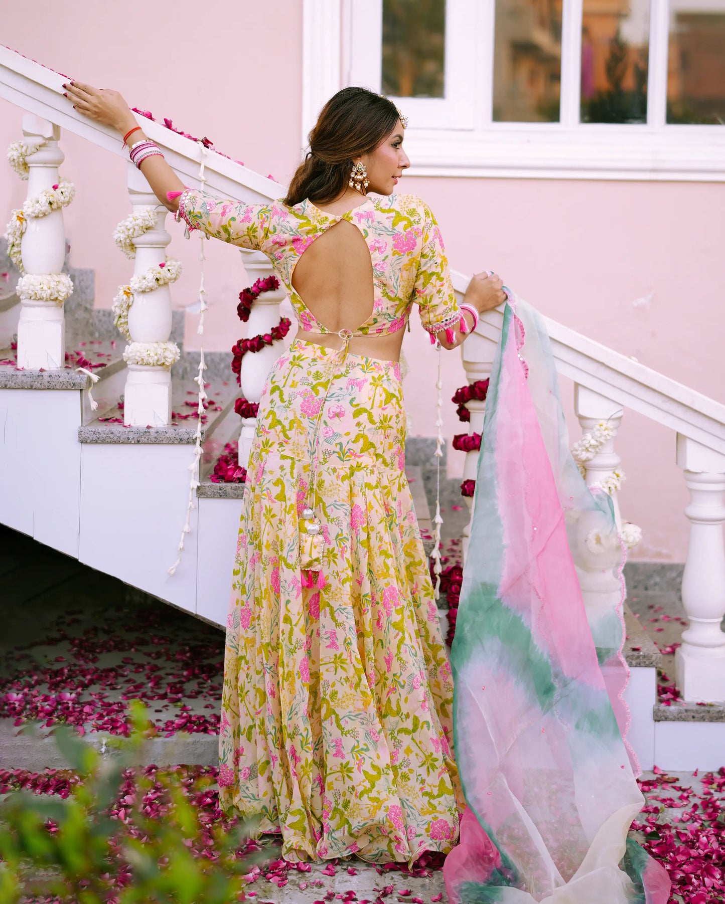 Vidari Cream Printed Organza Lehenga Set My Store