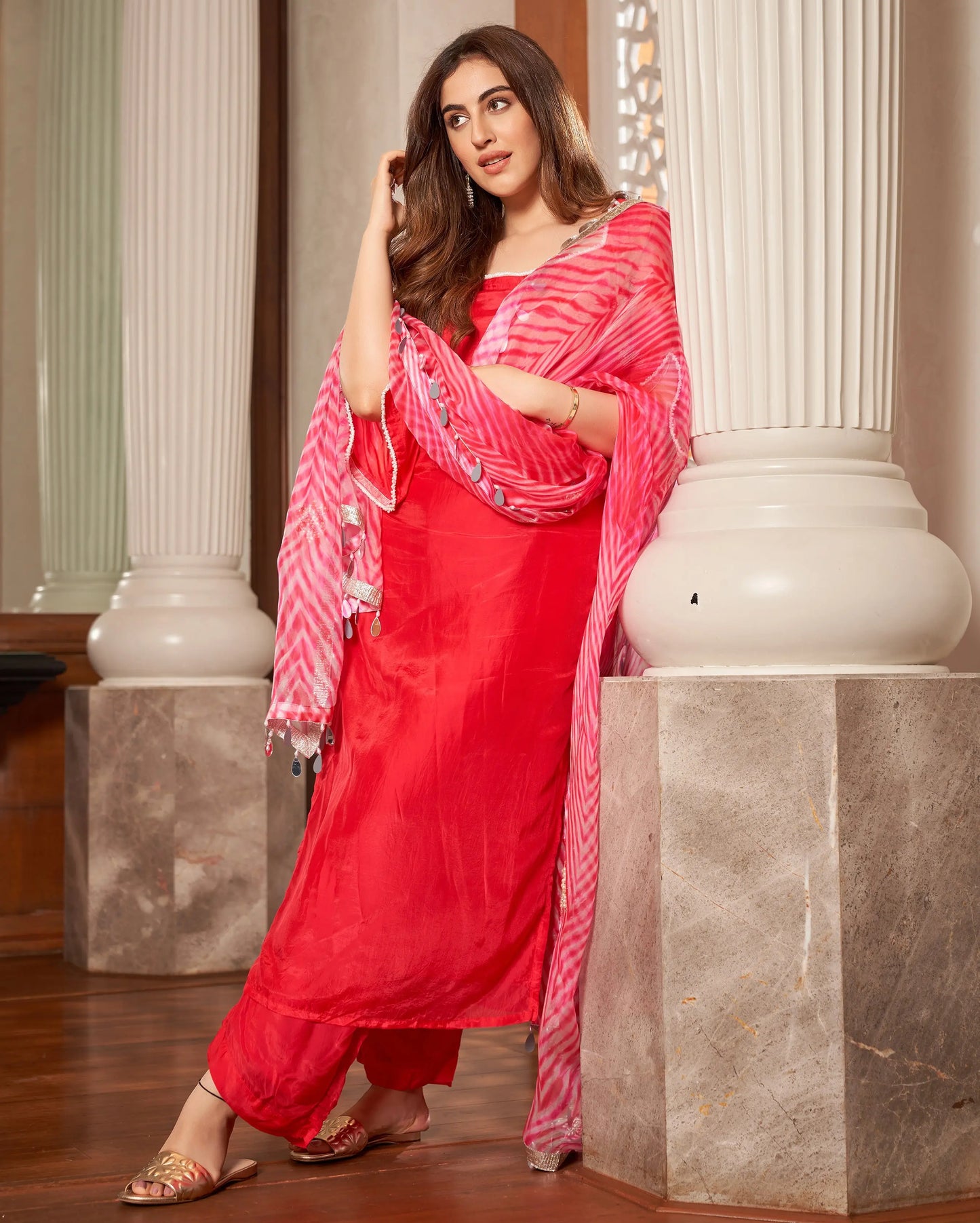 Krushi Pink Leheriya Silk Suit Set My Store