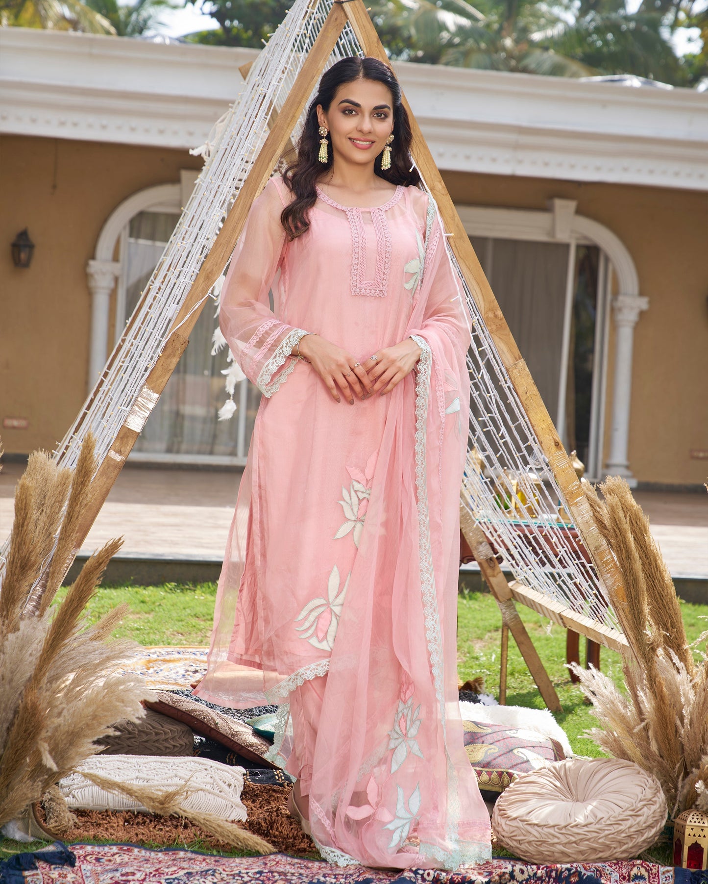Disha Pink Applique Organza Kurta Set Quick Cart