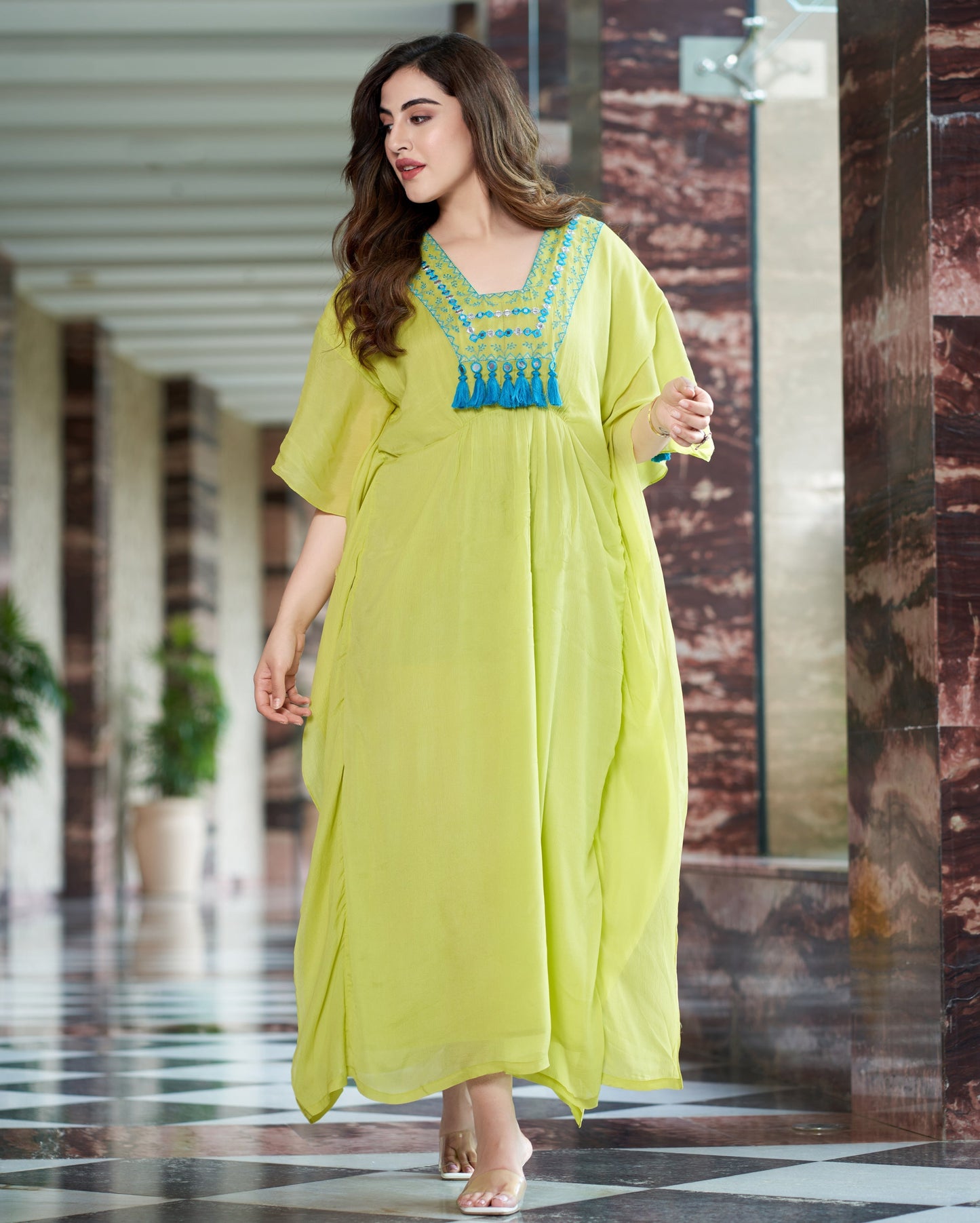 Meera Neon Green Embroidered Chinon Kaftan Quick Cart