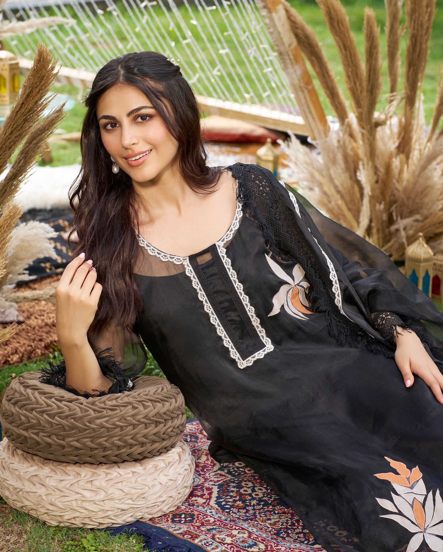 Vrutti Black Applique Organza Kurta Set Quick Cart