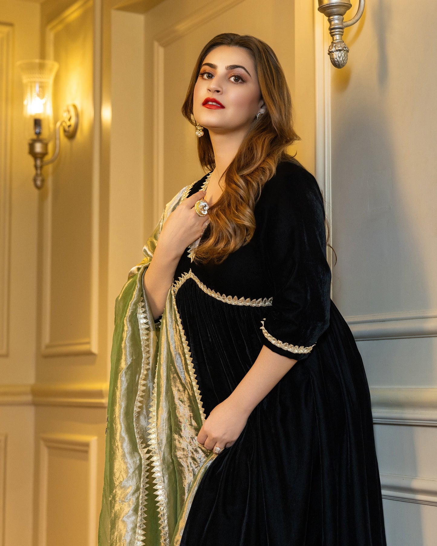 Kalki Black Solid Velvet Suit Set My Store