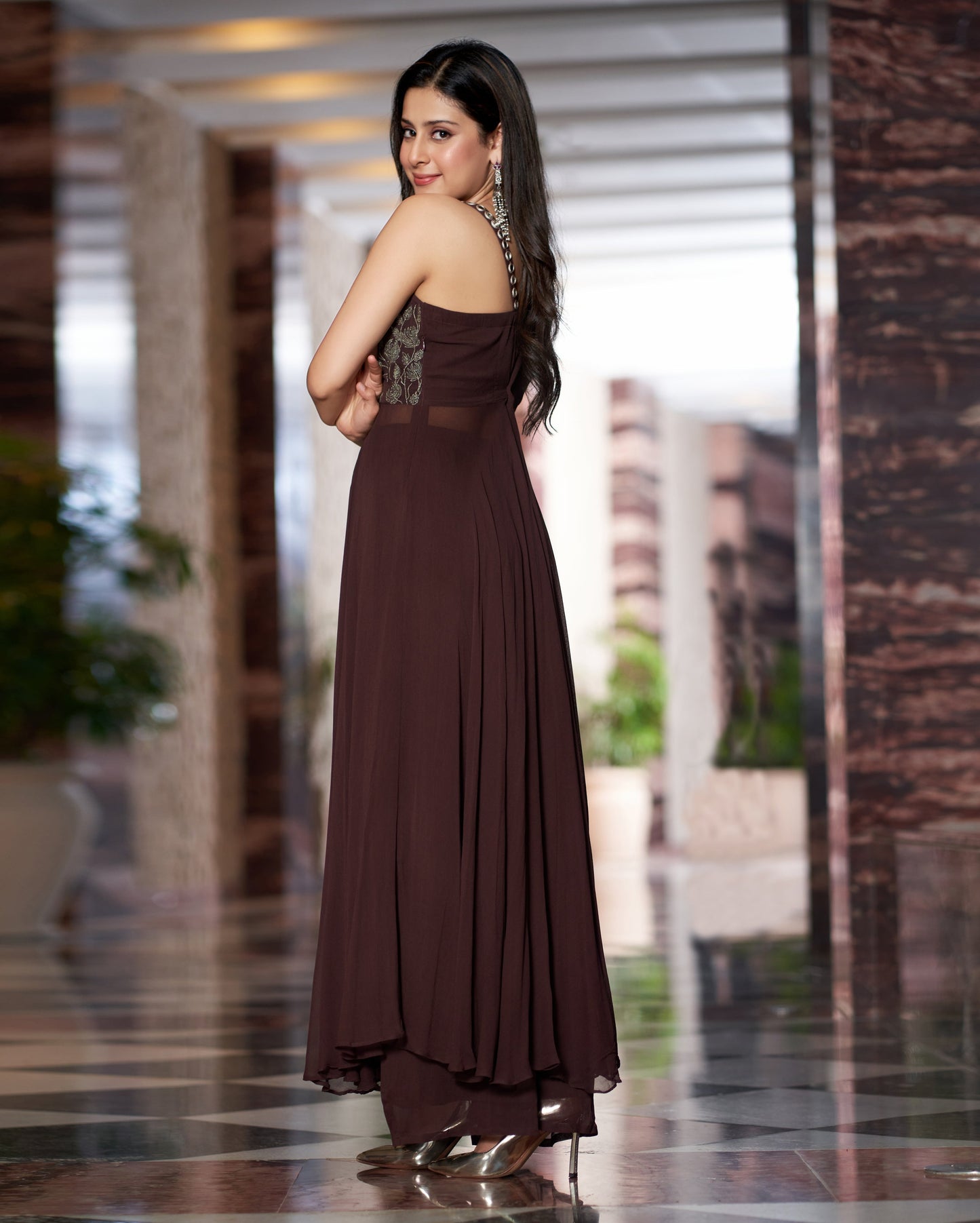 Shriya Brown Embroidered Georgette Kurta Set Quick Cart