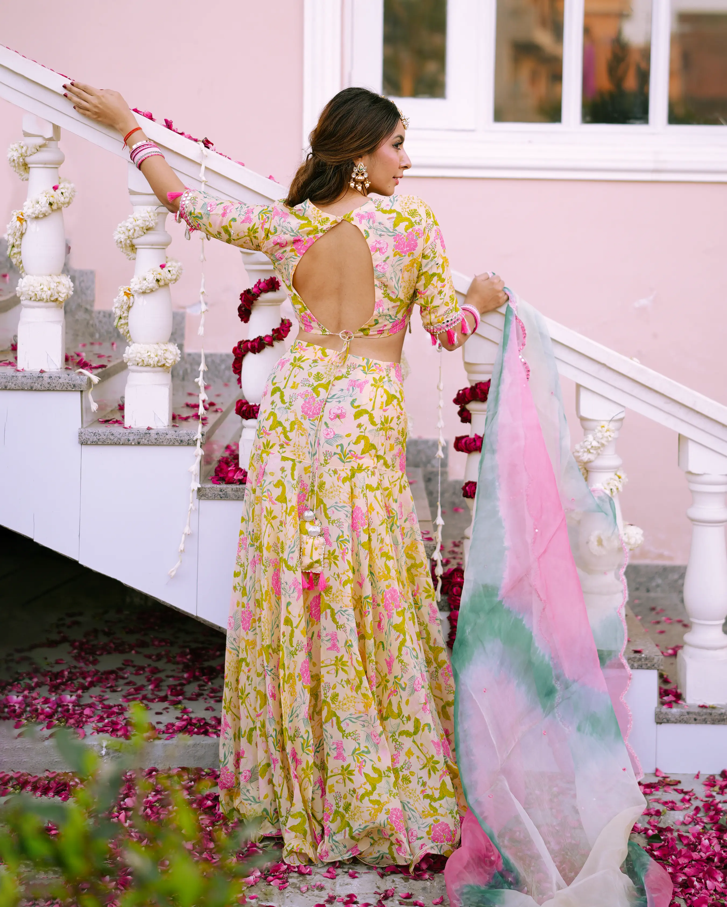 Vidari Cream Printed Organza Lehenga Set My Store