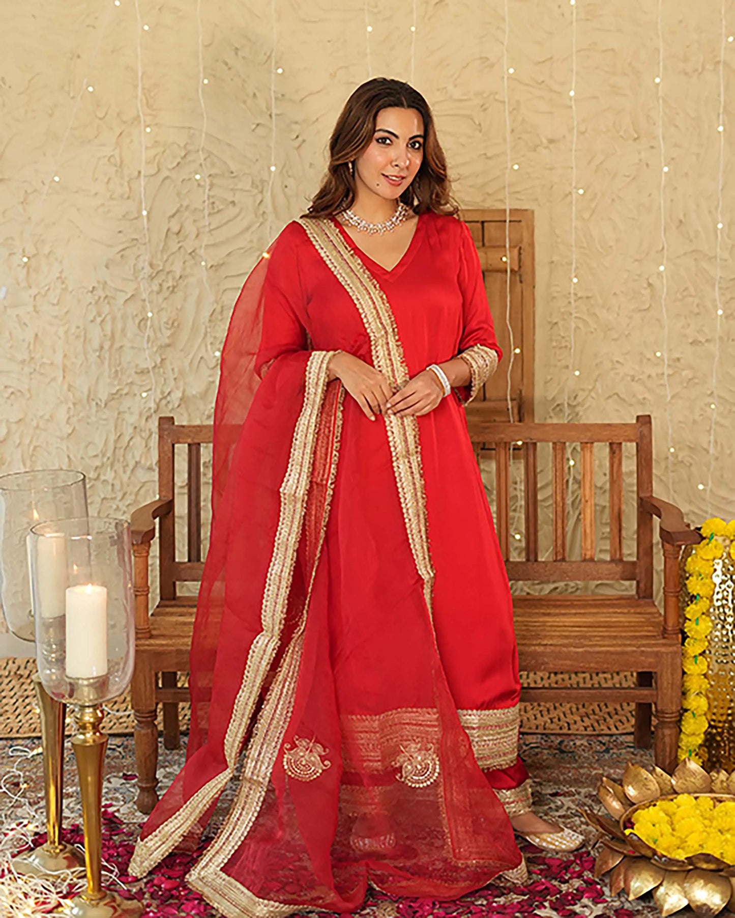 Kumkum Red Solid Satin Suit Set My Store