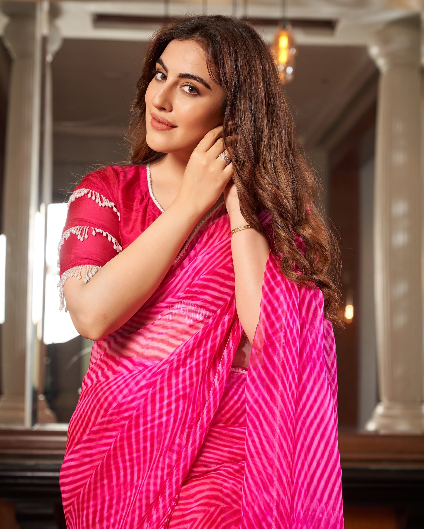 Sangam Pink Leheriya Organza Pre Draped Saree Quick Cart