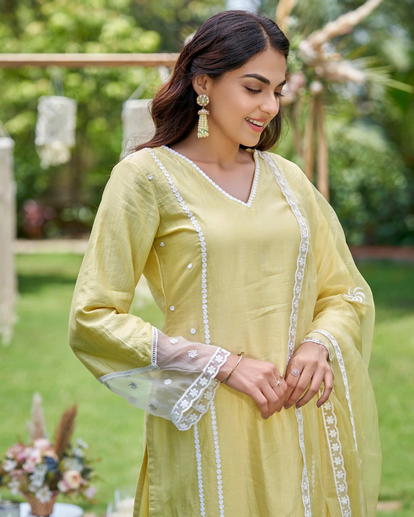 Zaha Pastel Yellow Embroidered Chanderi Kurta Set My Store