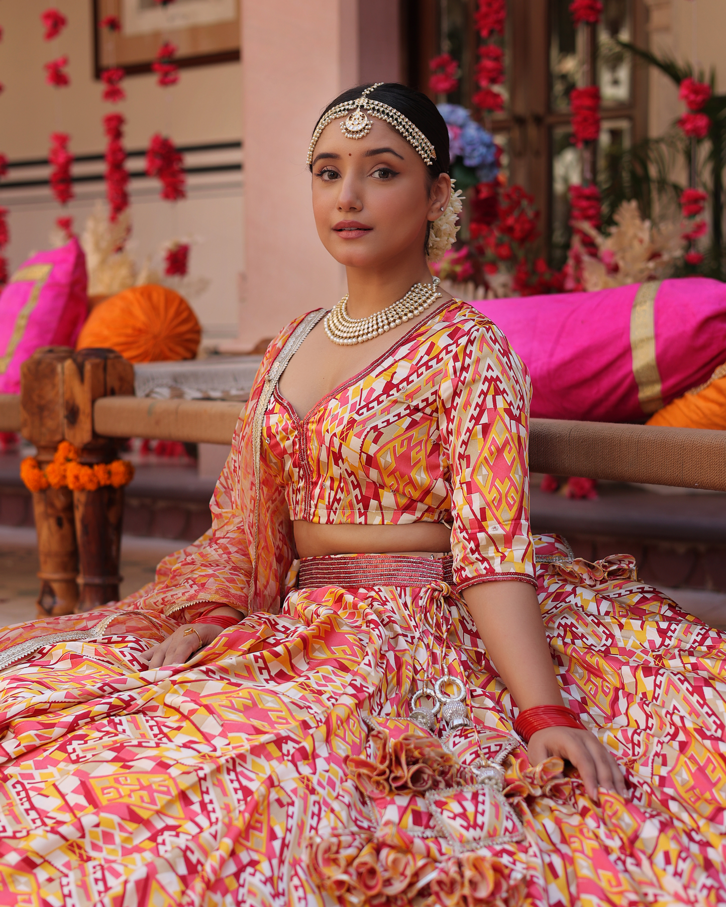 Creamy Crimson Blaze Printed Satin Lehenga Set Quick Cart