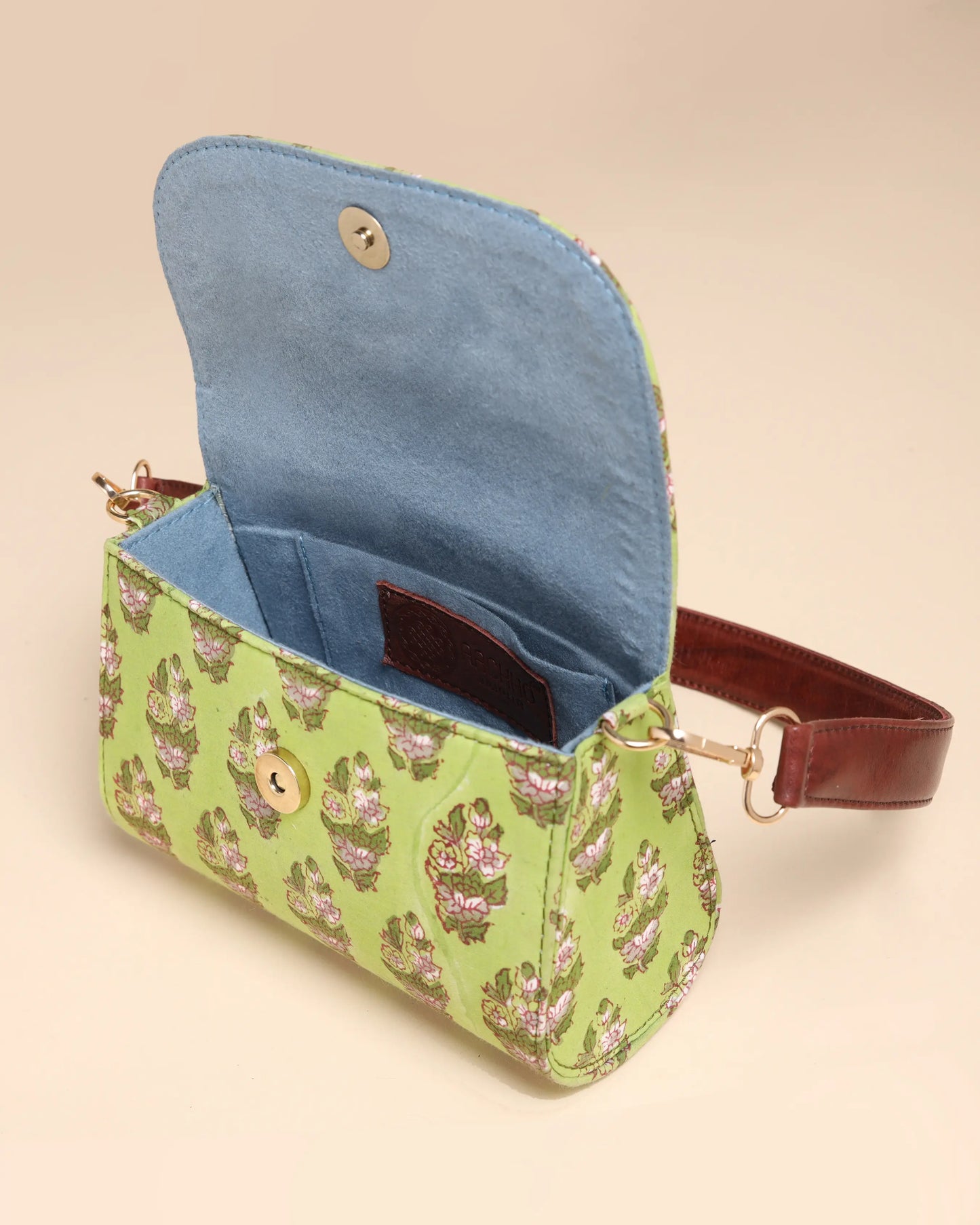 Green Emerald Cotton Blockprinted Medium Shoulder Bag My Store