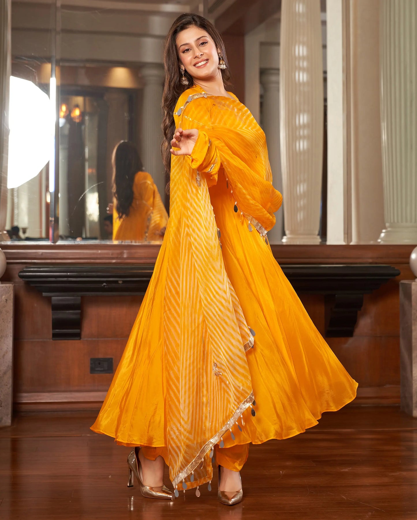 Avittam Mustard Yellow Leheriya Silk Suit Set My Store