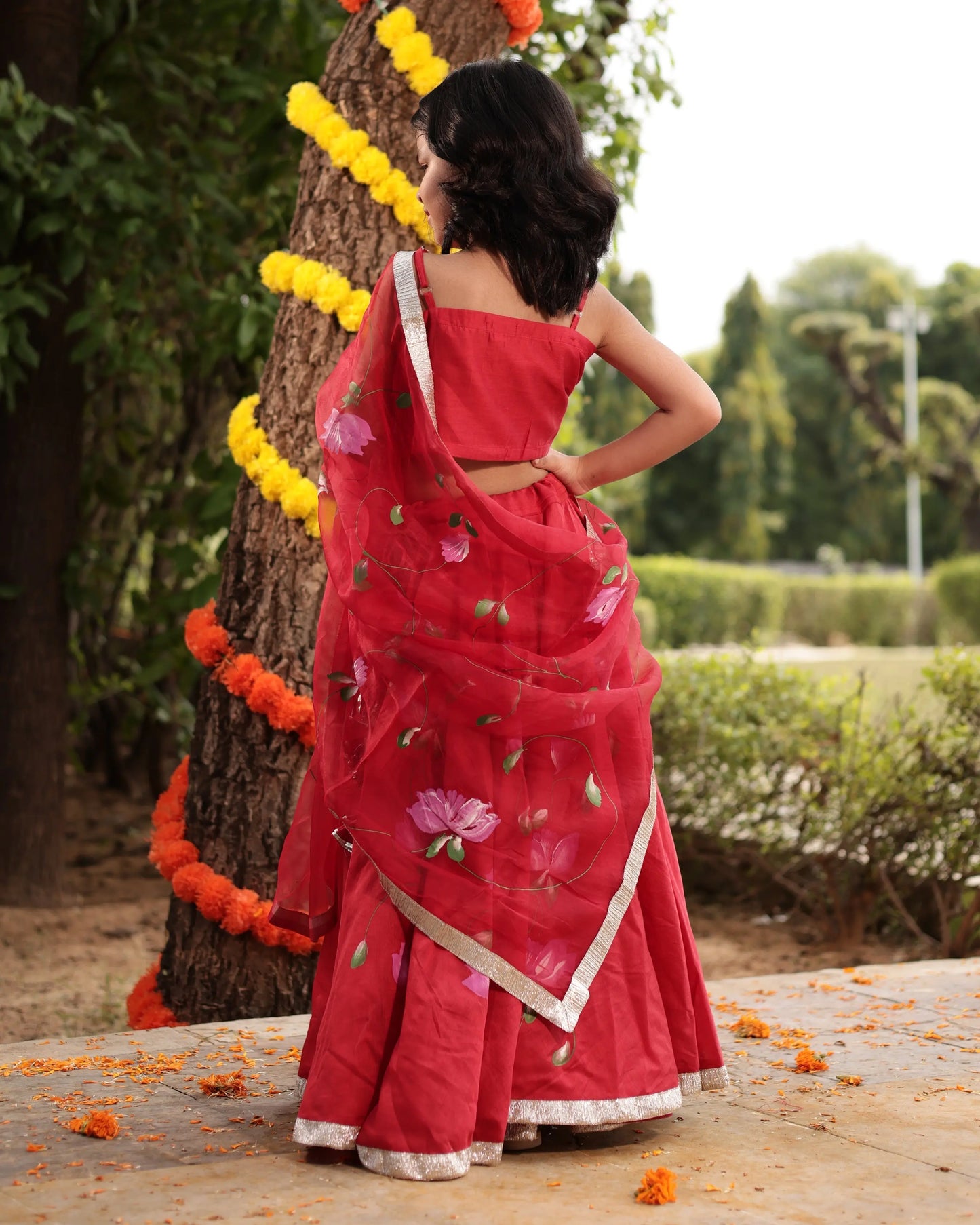Tinsel Red Handpainted Chanderi Lehenga Set My Store