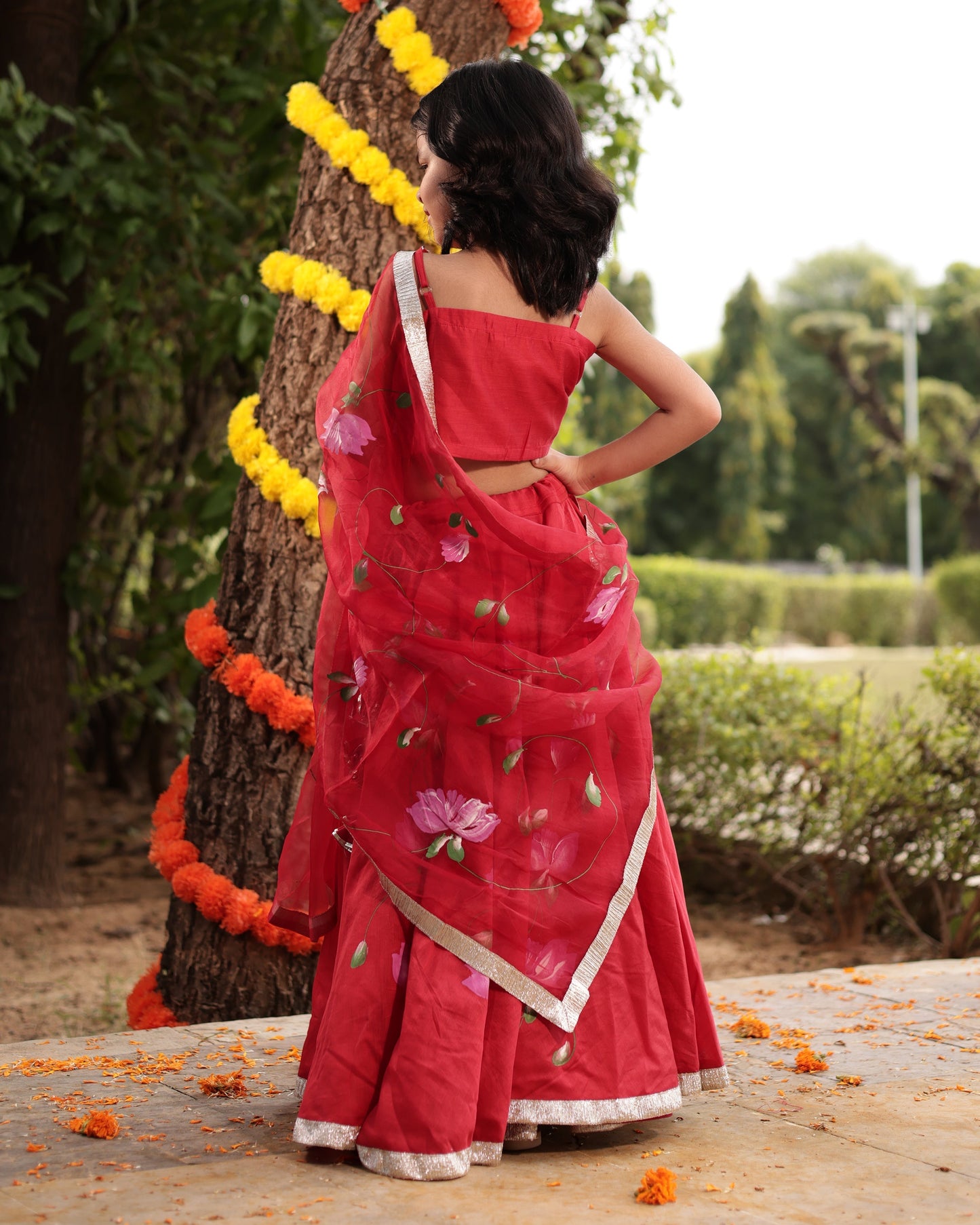 Tinsel Red Handpainted Chanderi Lehenga Set My Store
