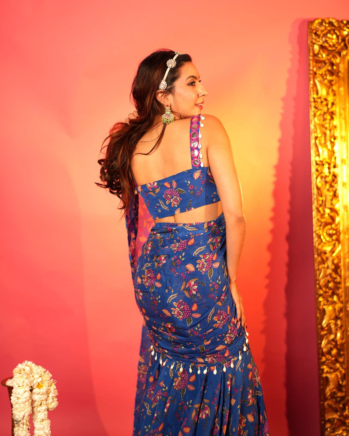 Shruti Blue Printed Chinon Pre-draped Saree My Store