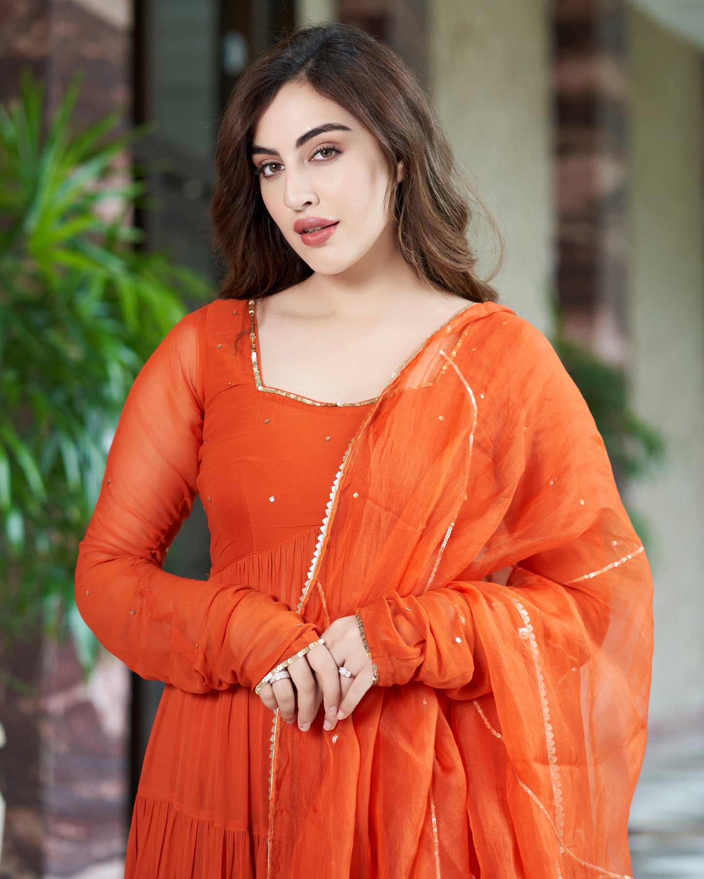 Rachna Orange Embroidered Georgette Suit Set Quick Cart