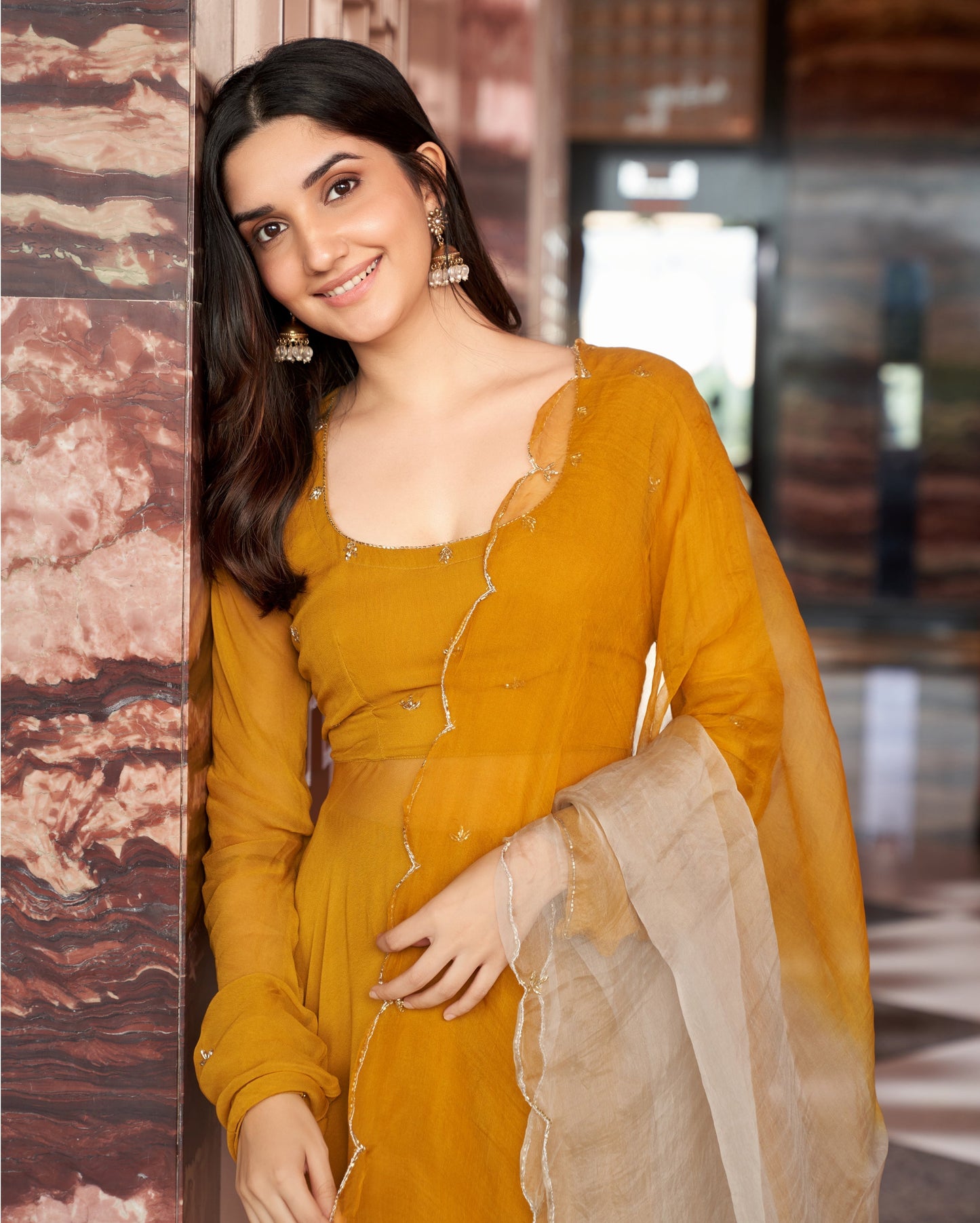 Rangat Mustard Yellow Embroidered Georgette Suit Set Quick Cart