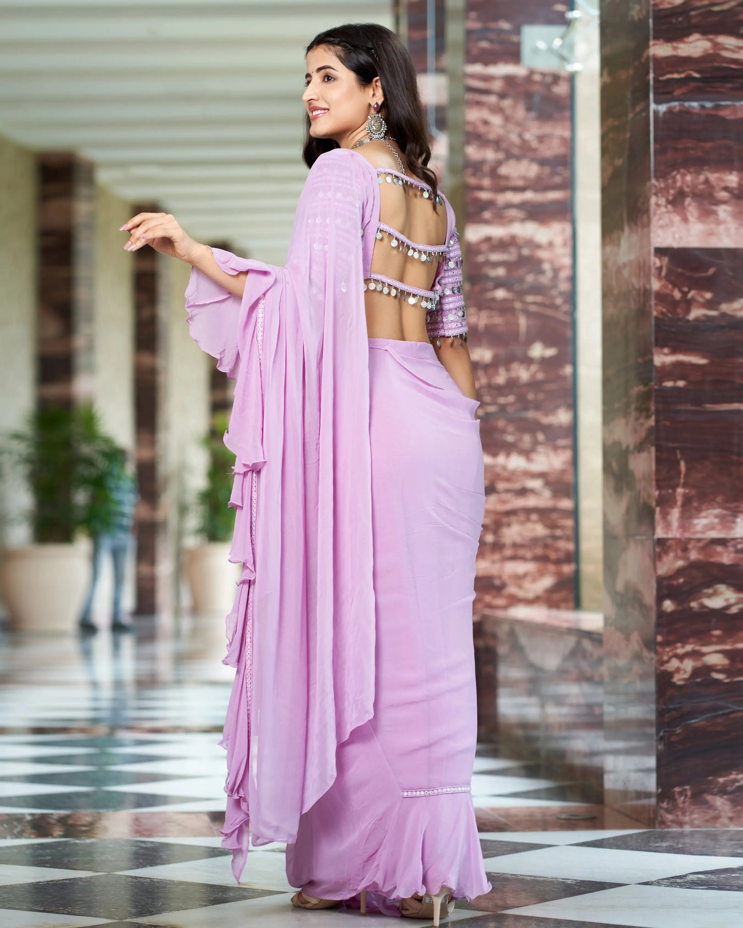Anvita Lavender Solid Georgette Pre Draped Saree My Store