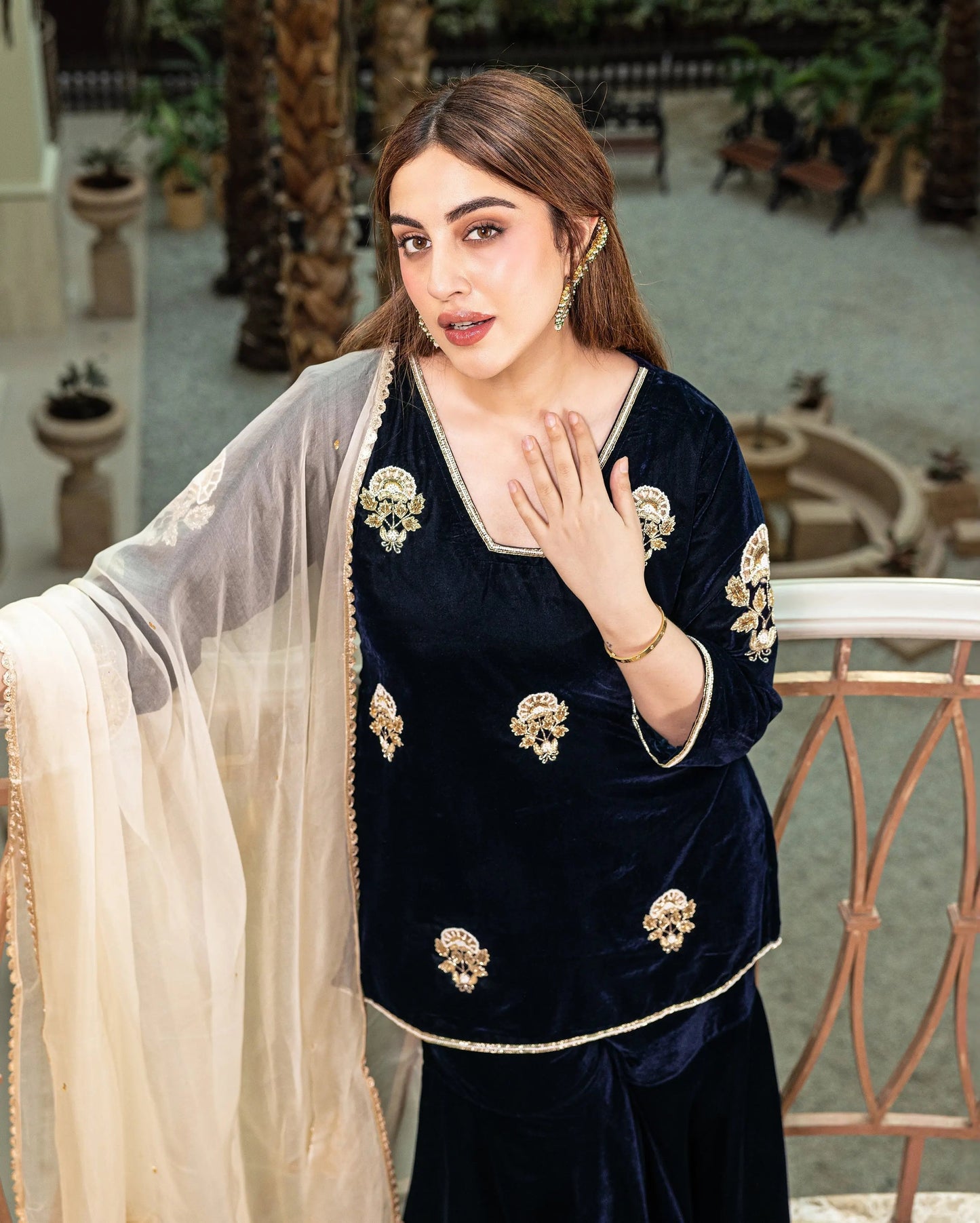 Nihayat Navy Embroidered Velvet Sharara Set My Store