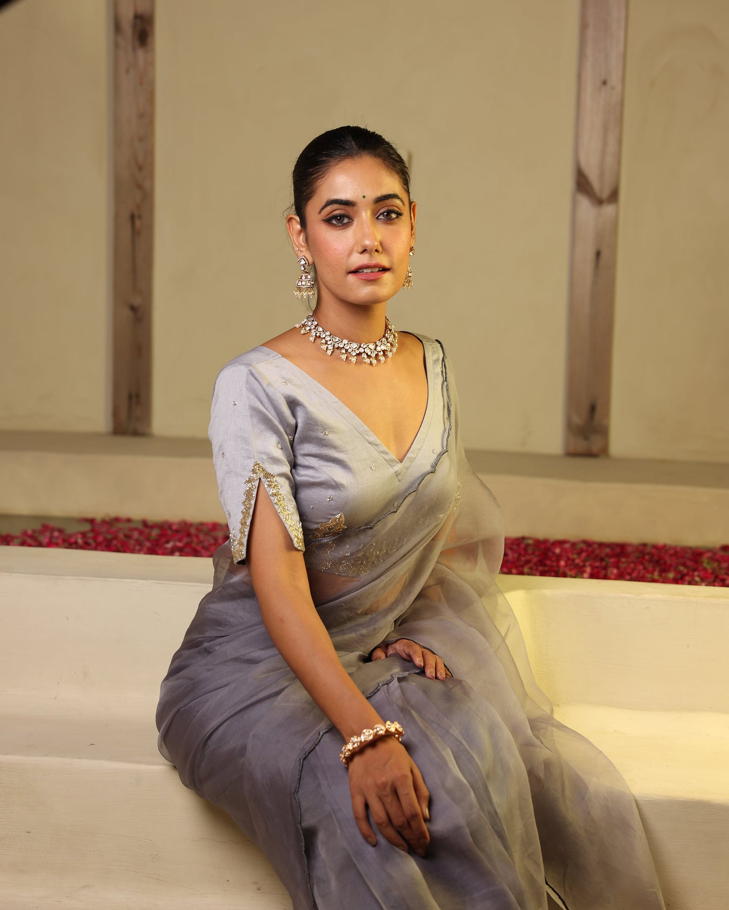 Chhavi Grey Chanderi Embroidered Blouse My Store