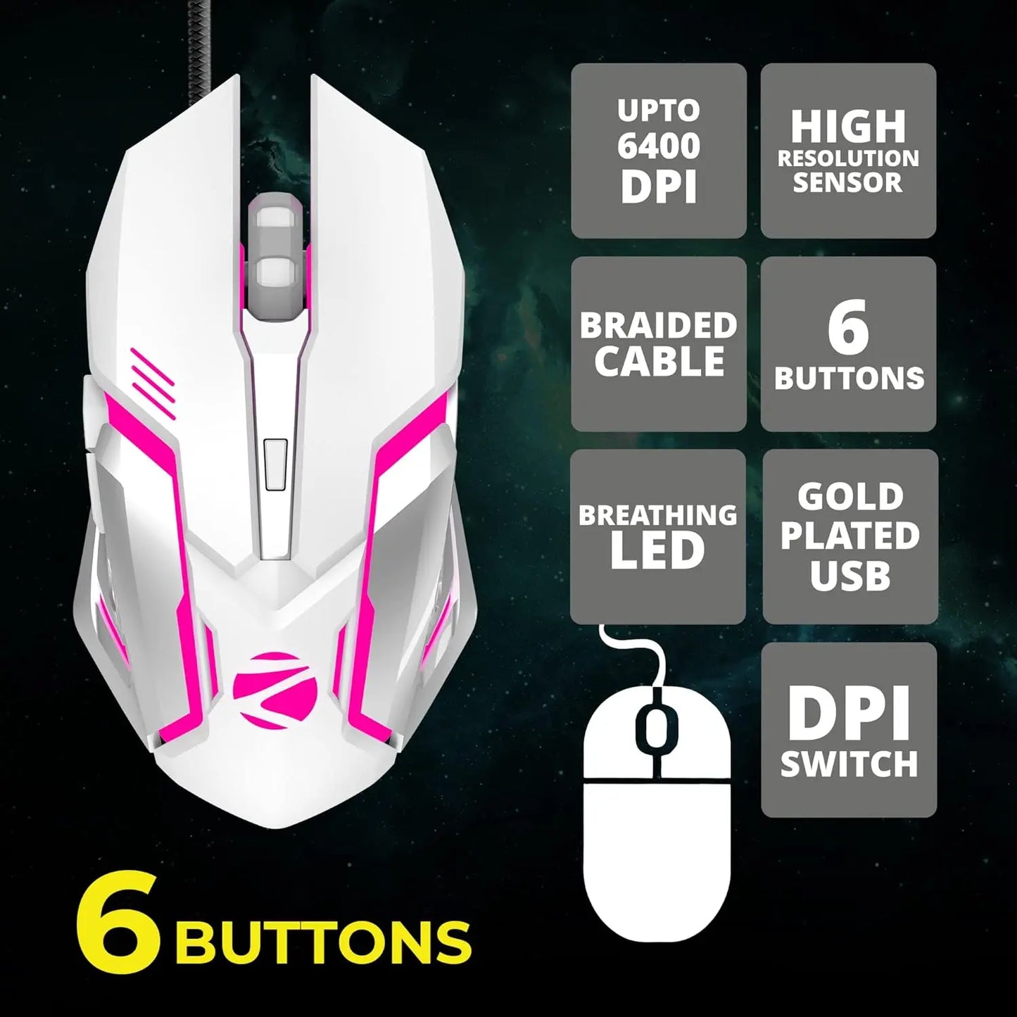 Zebronics Zeb-Transformer Gaming Keyboard and Mouse Combo USB, Braided Cable White