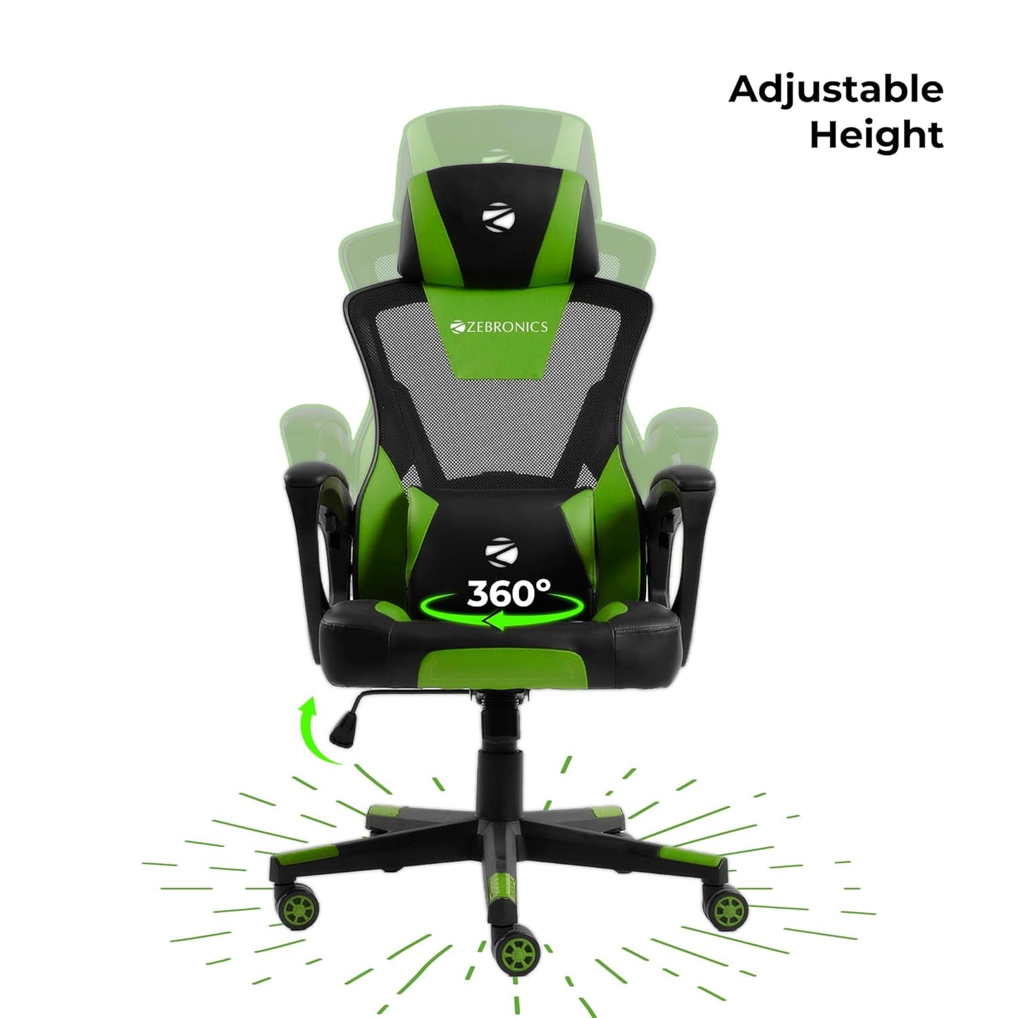 Zebronics GC1400 Gaming Chair with 360° Swivels & Casters, 90°-125° Backrest Green