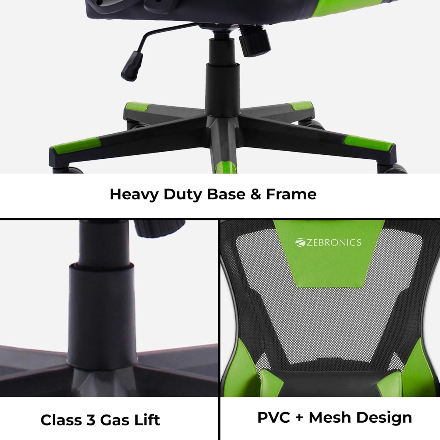 Zebronics GC1400 Gaming Chair with 360° Swivels & Casters, 90°-125° Backrest Green