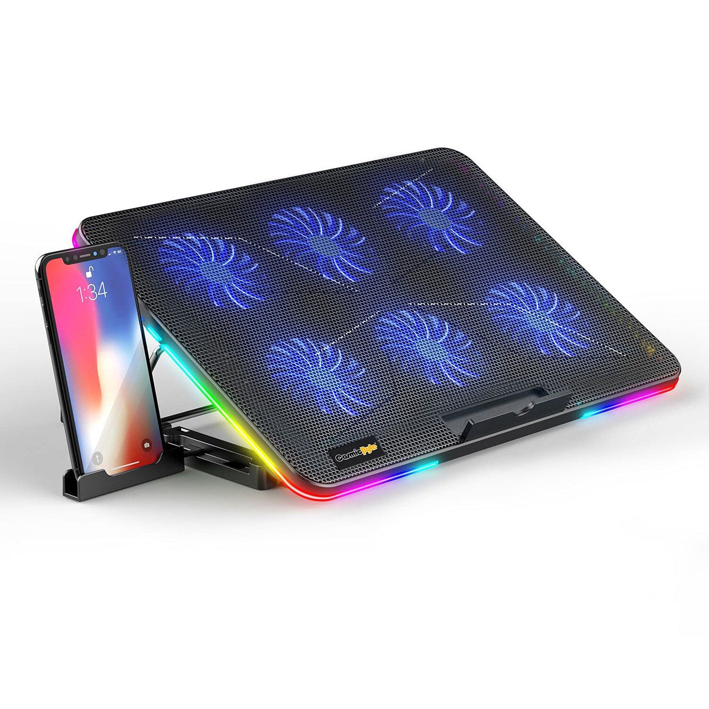 Cosmic Byte Hydroid RGB Cooling Pad with 6 Fans, 60mm Fan Size, Mobile Holder, 7 Levels Height Adjustment, Upto 15" Laptops Black